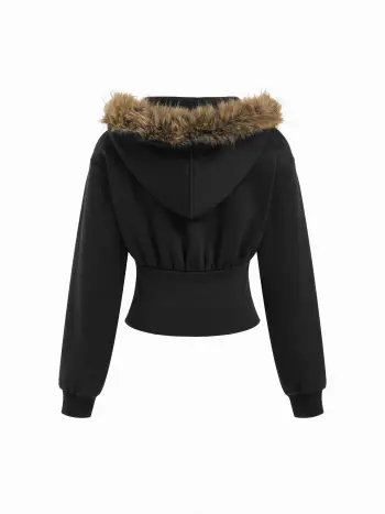 Felpa con cappuccio corta e corsetto con mezza zip e finiture in ecopelliccia Terry