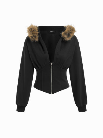 Terry Terry Faux Fur Trim Corset Half Zip Hoodie For Décontracté quotidien
