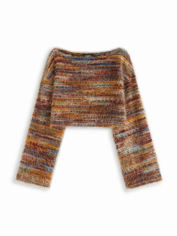 Striped Boat Neck Bell Sleeve Cropped Top