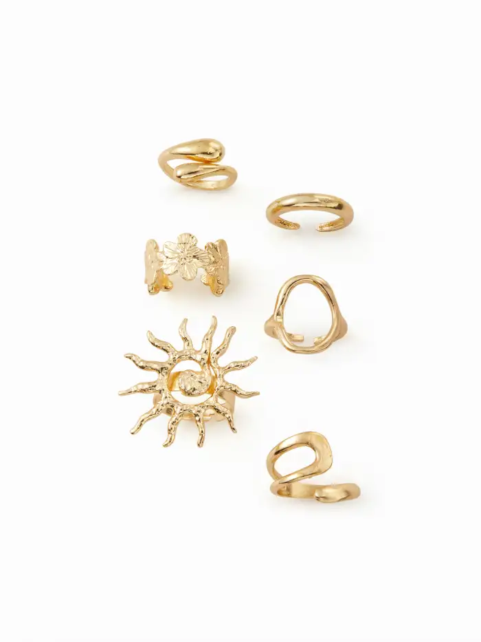 7PCS GEMSTONE & RHINESTONE & LEAF RING SET