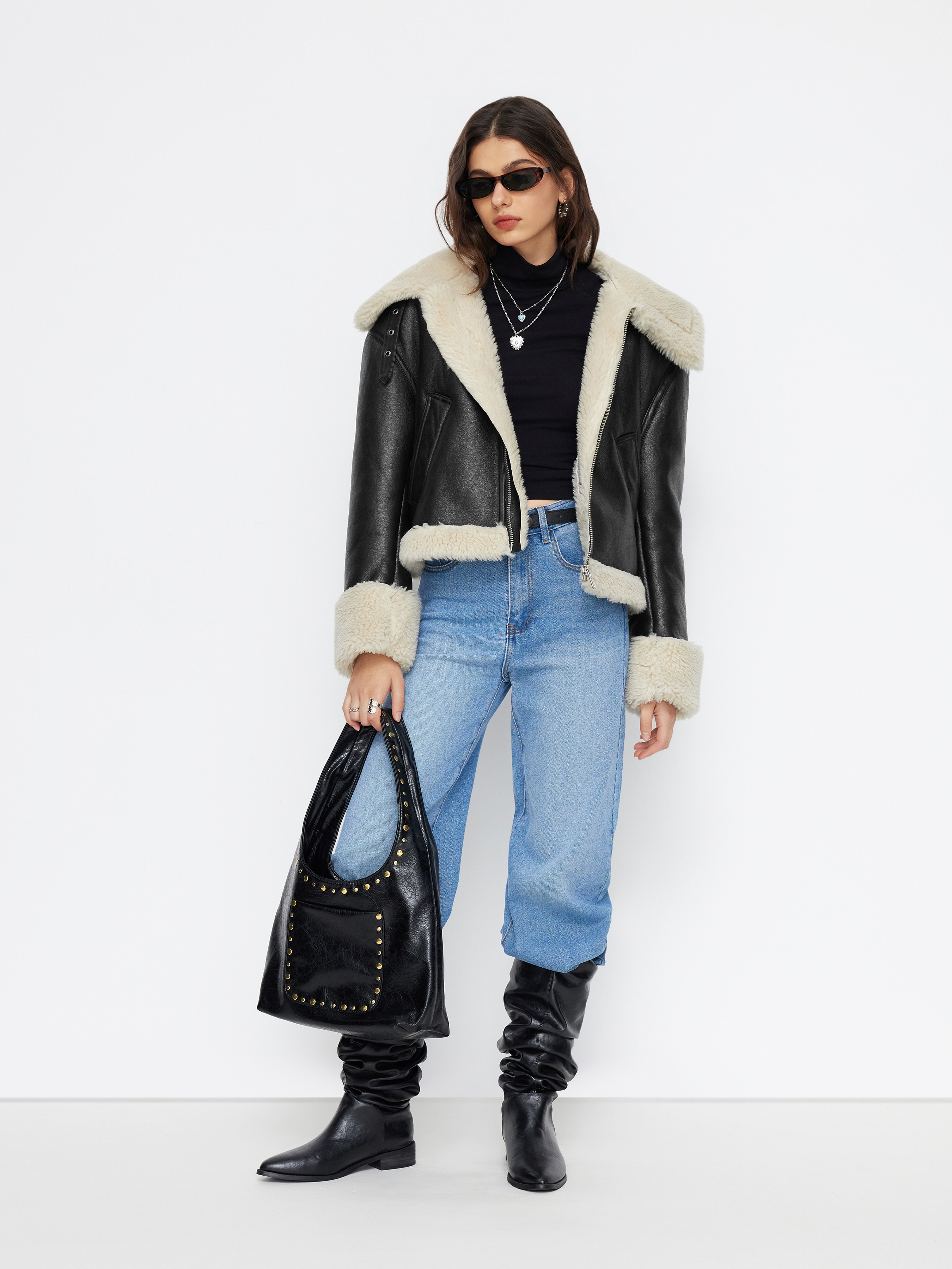 Faux Shearling Faux Shearling Collar Belted Oversized Jacket