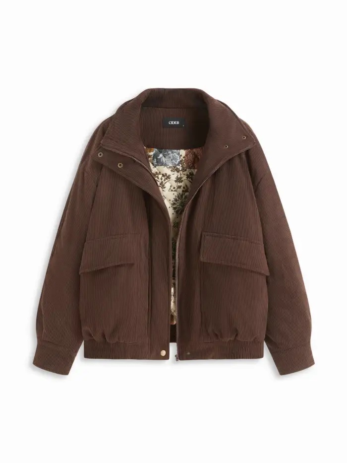 Corduroy Stand Collar Metal Buckle Zip Through Oversized Puffer Jacket