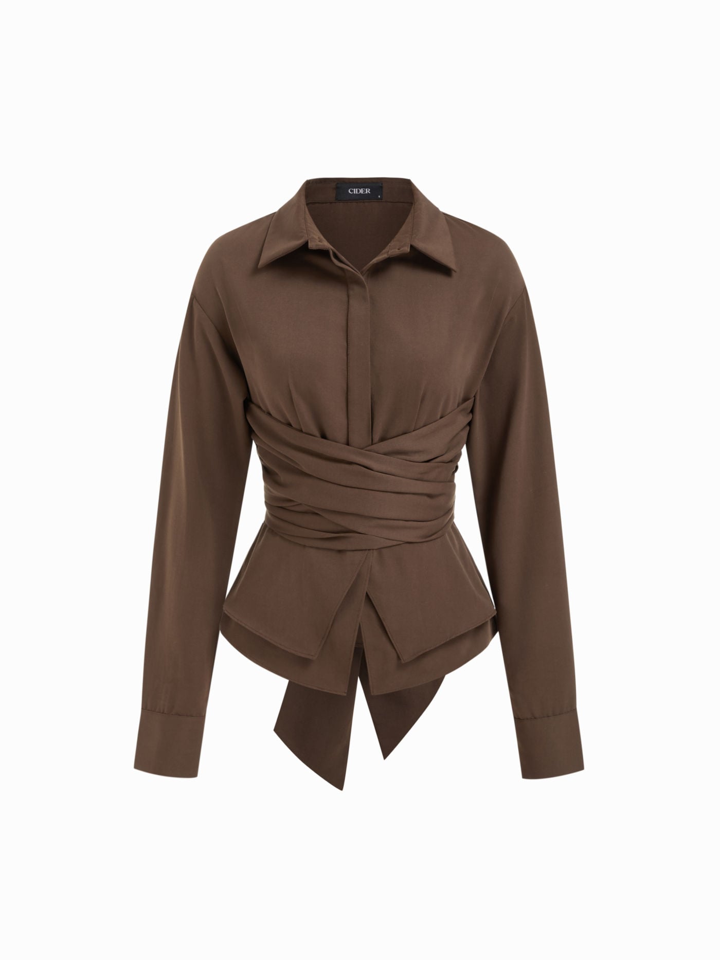 Collar Wrap Ruched Bowknot Long Sleeve Blouse