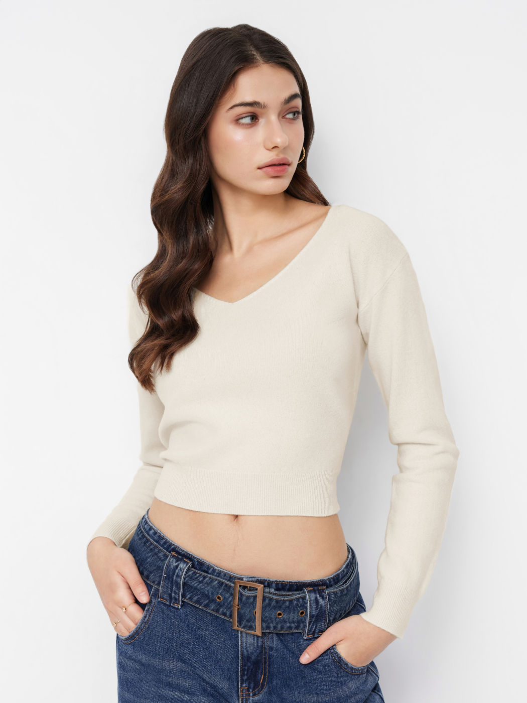 100% lana Top con scollo a V e manica lunga increspata