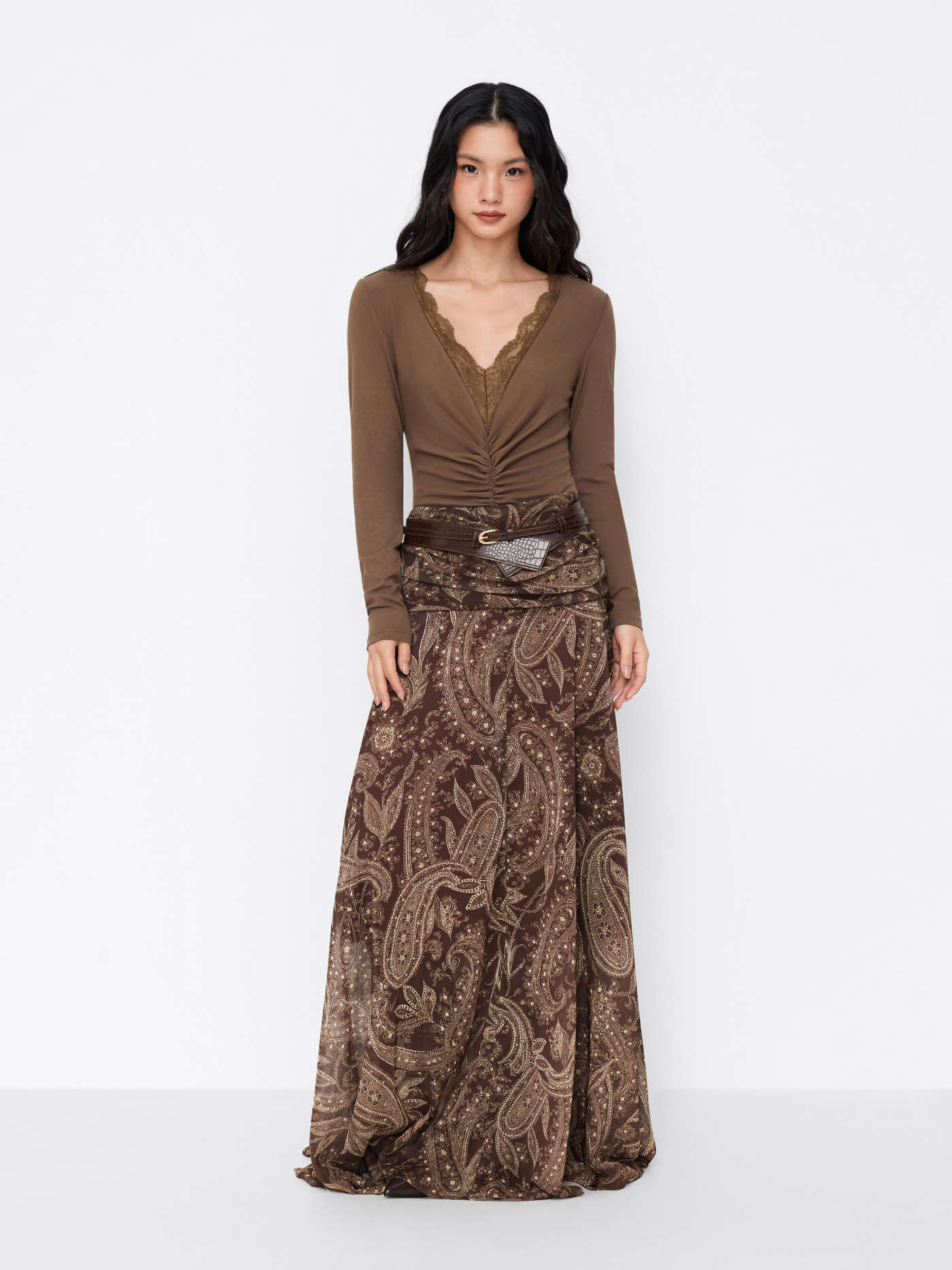Chiffon Mid Rise Paisley Ruched Maxi Skirt