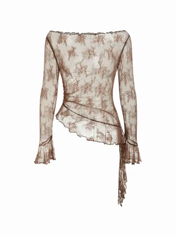 Top in pizzo con spalle scoperte, maniche lunghe e orlo a lattuga trasparente con fascia