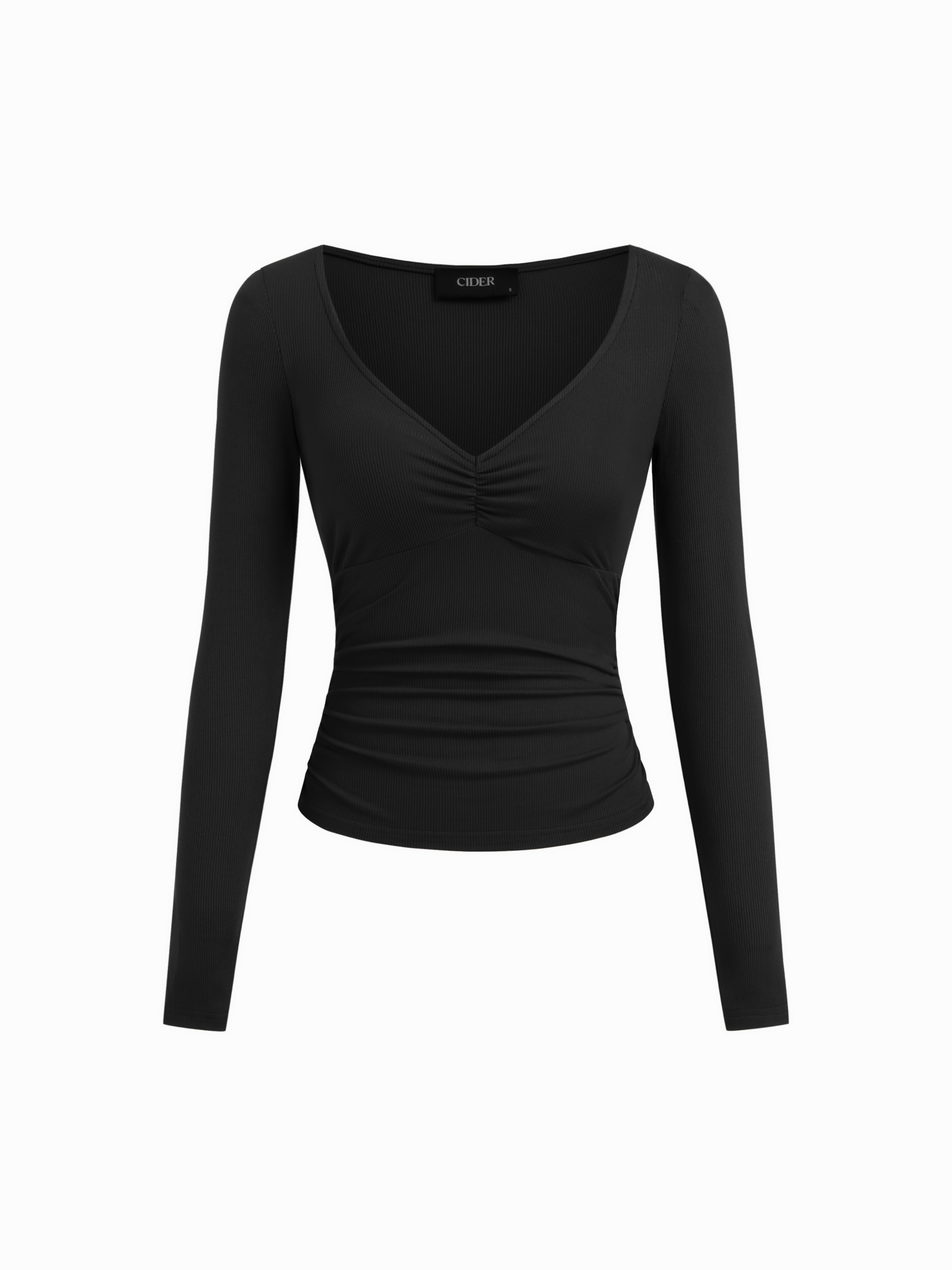 Knit Fabric V-neck Ruched Long Sleeve Tee For Daily Casual