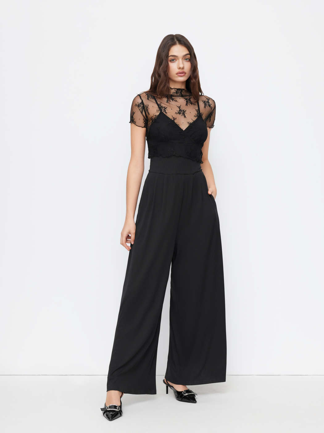 Set di due pezzi Tessuto in maglia Top in pizzo trasparente e tuta