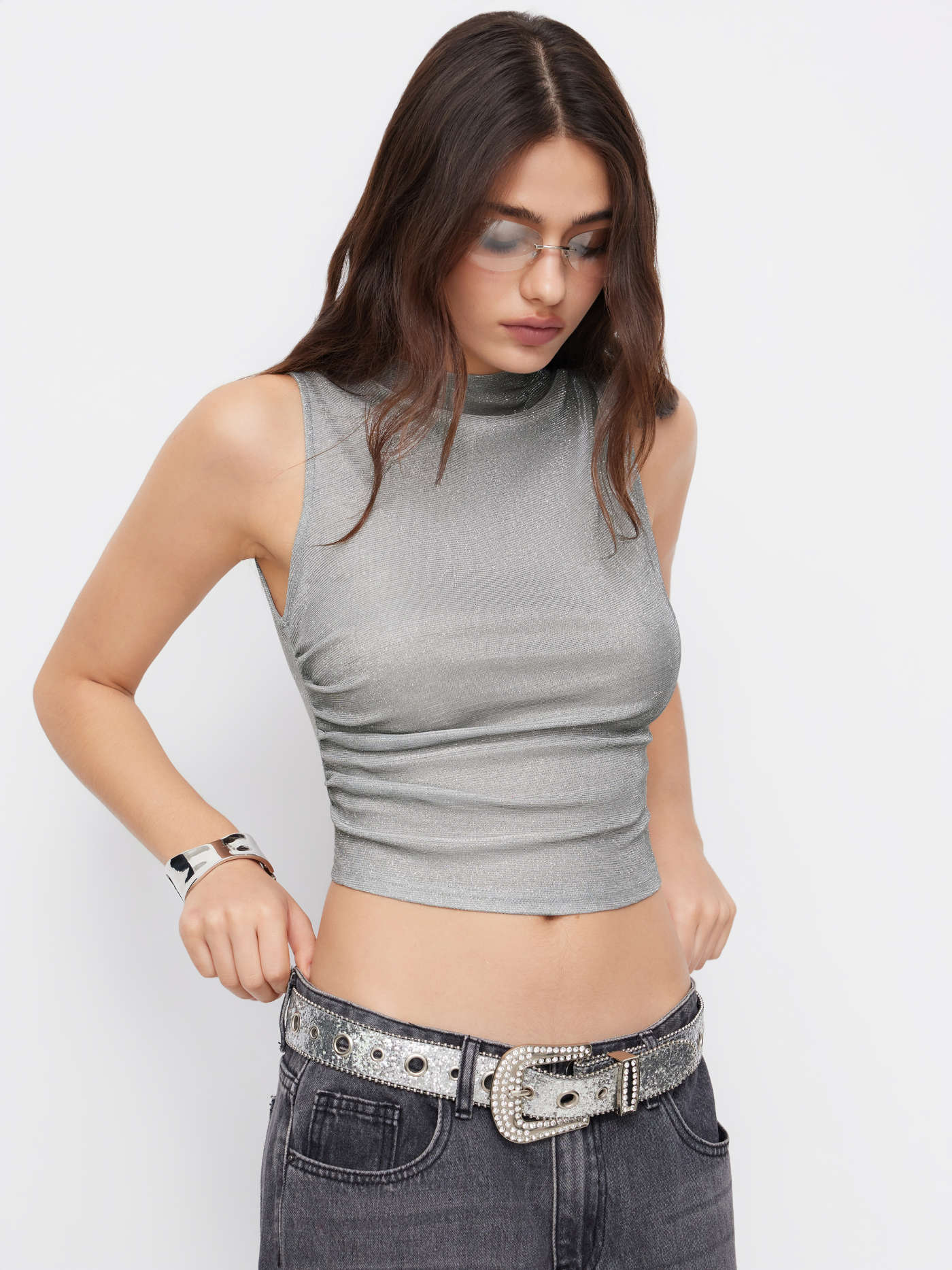 Round Neck Ruched Glitter Asymmetrical Tank Top