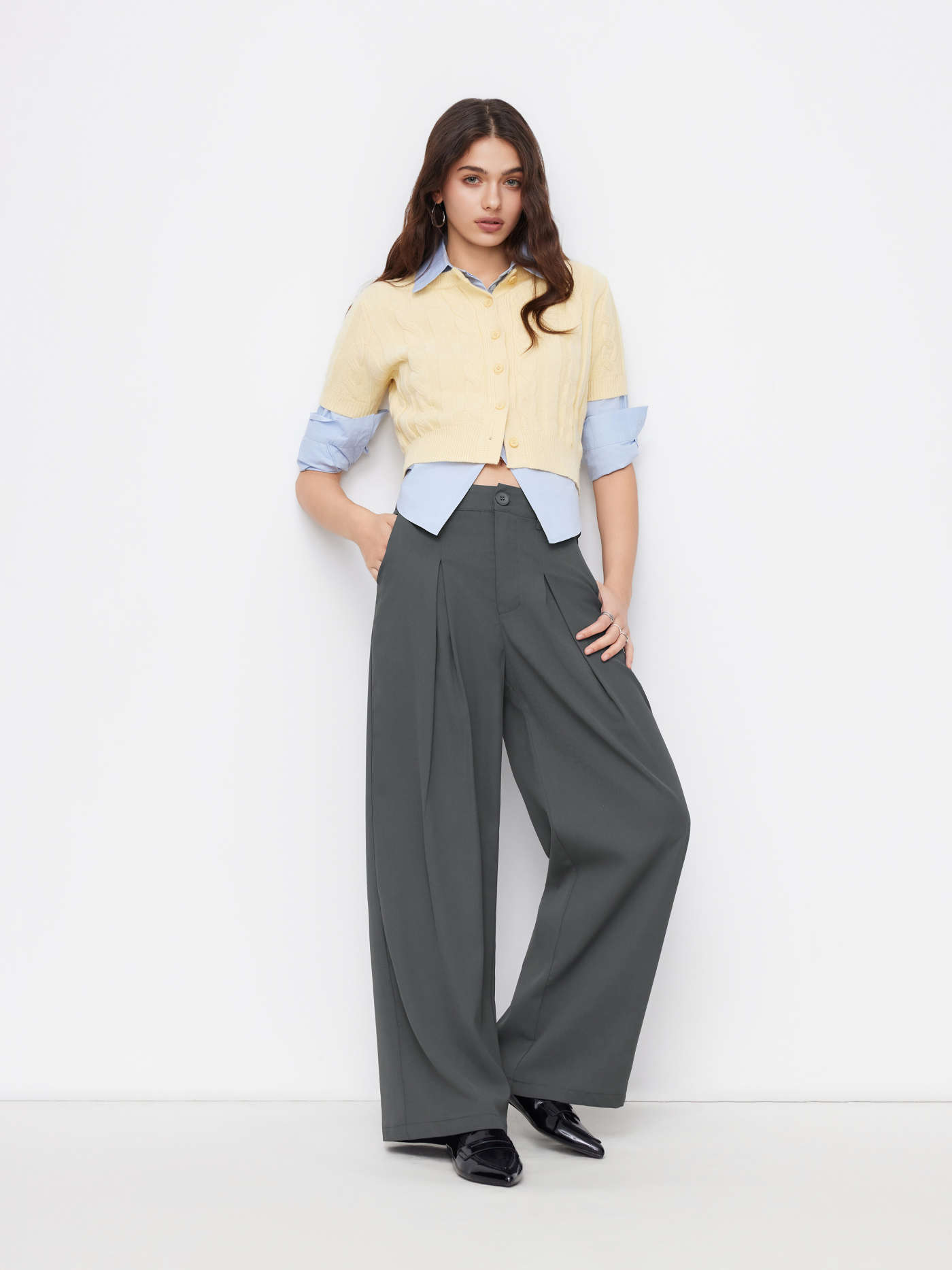 Milk Tea Pleated Wide Leg Trousers