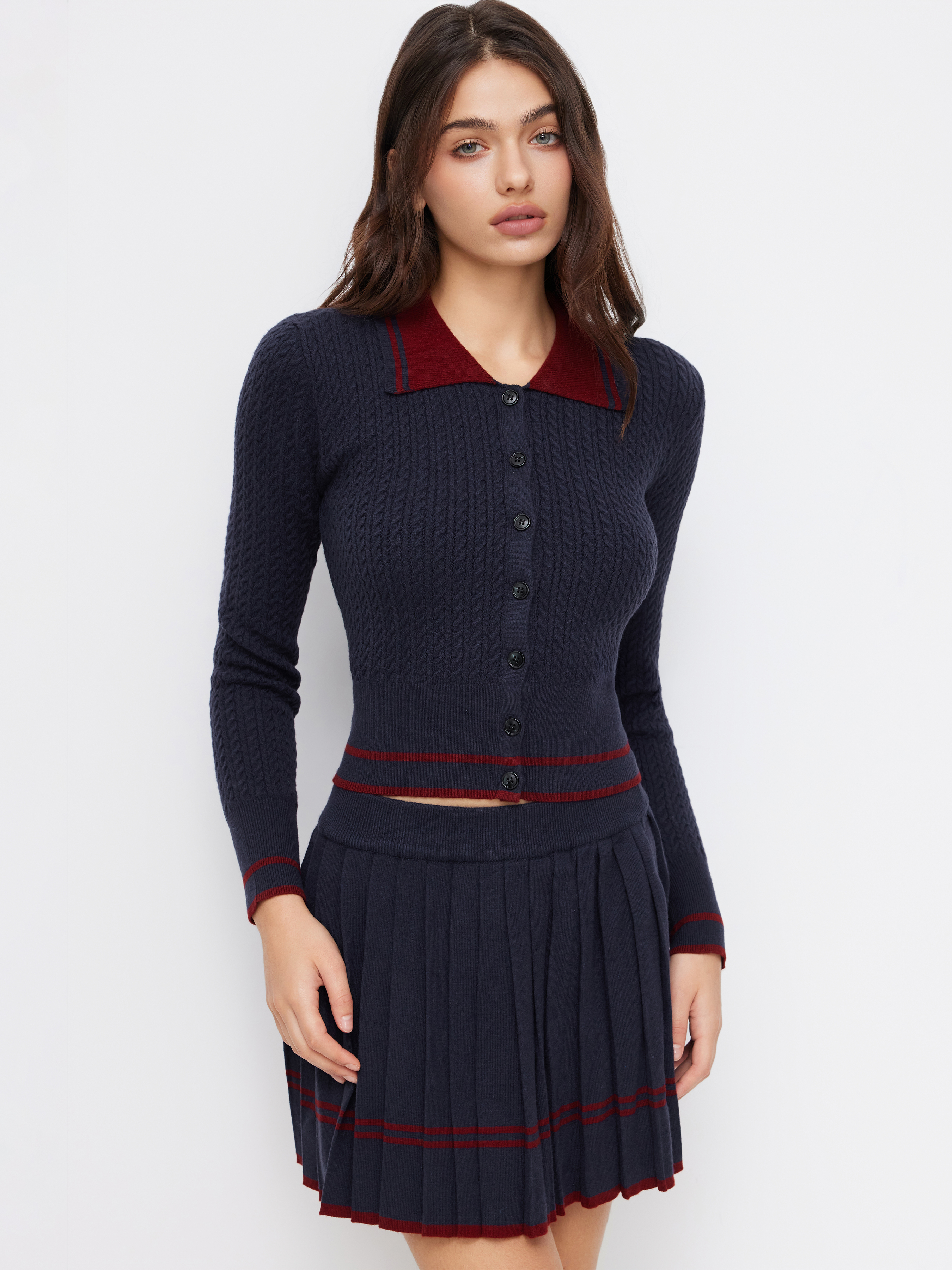 Cable Knit Wool-blend Striped Collar Long Sleeve Button Top