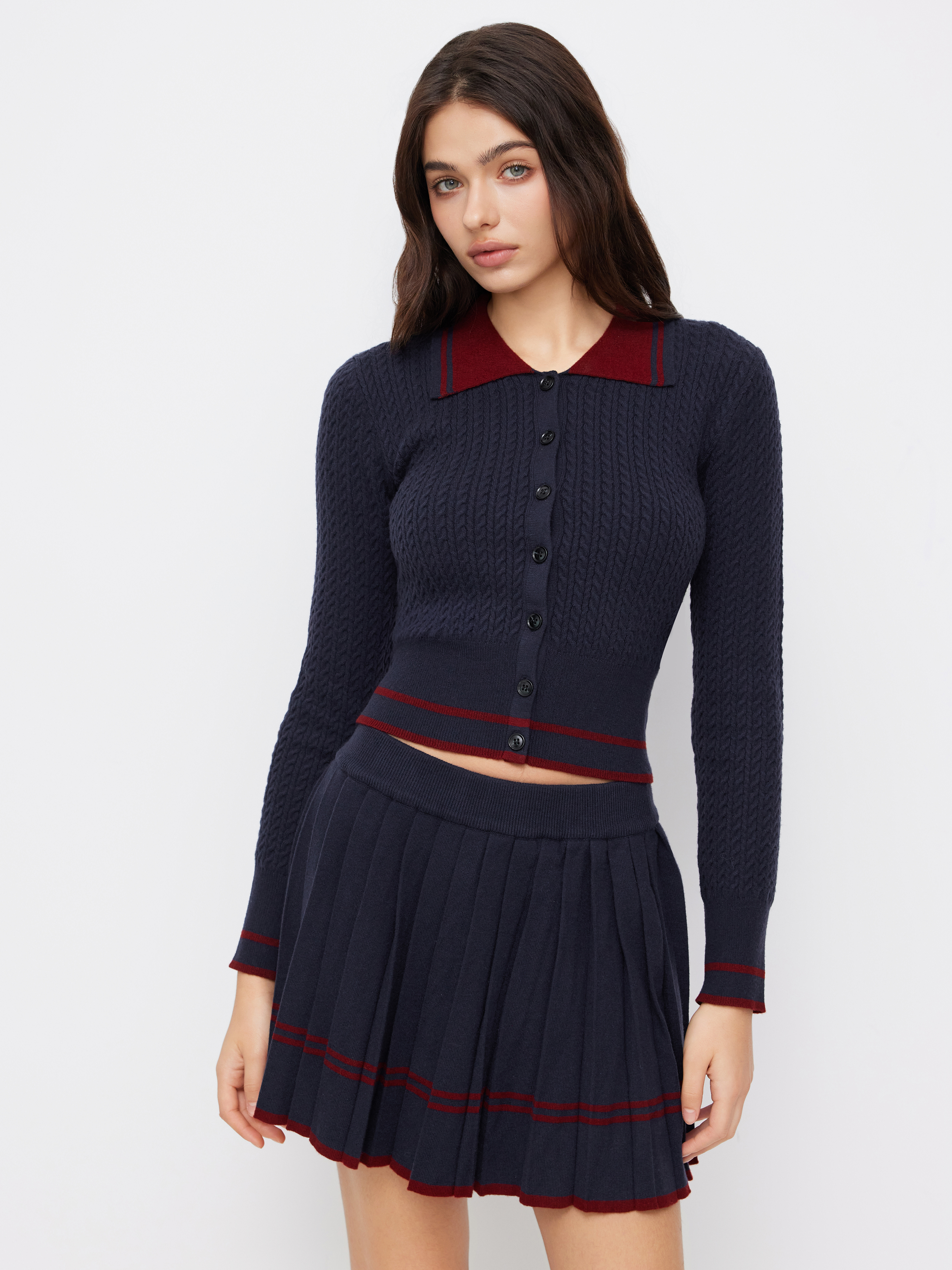 Cable Knit Wool-blend Striped Collar Long Sleeve Button Top