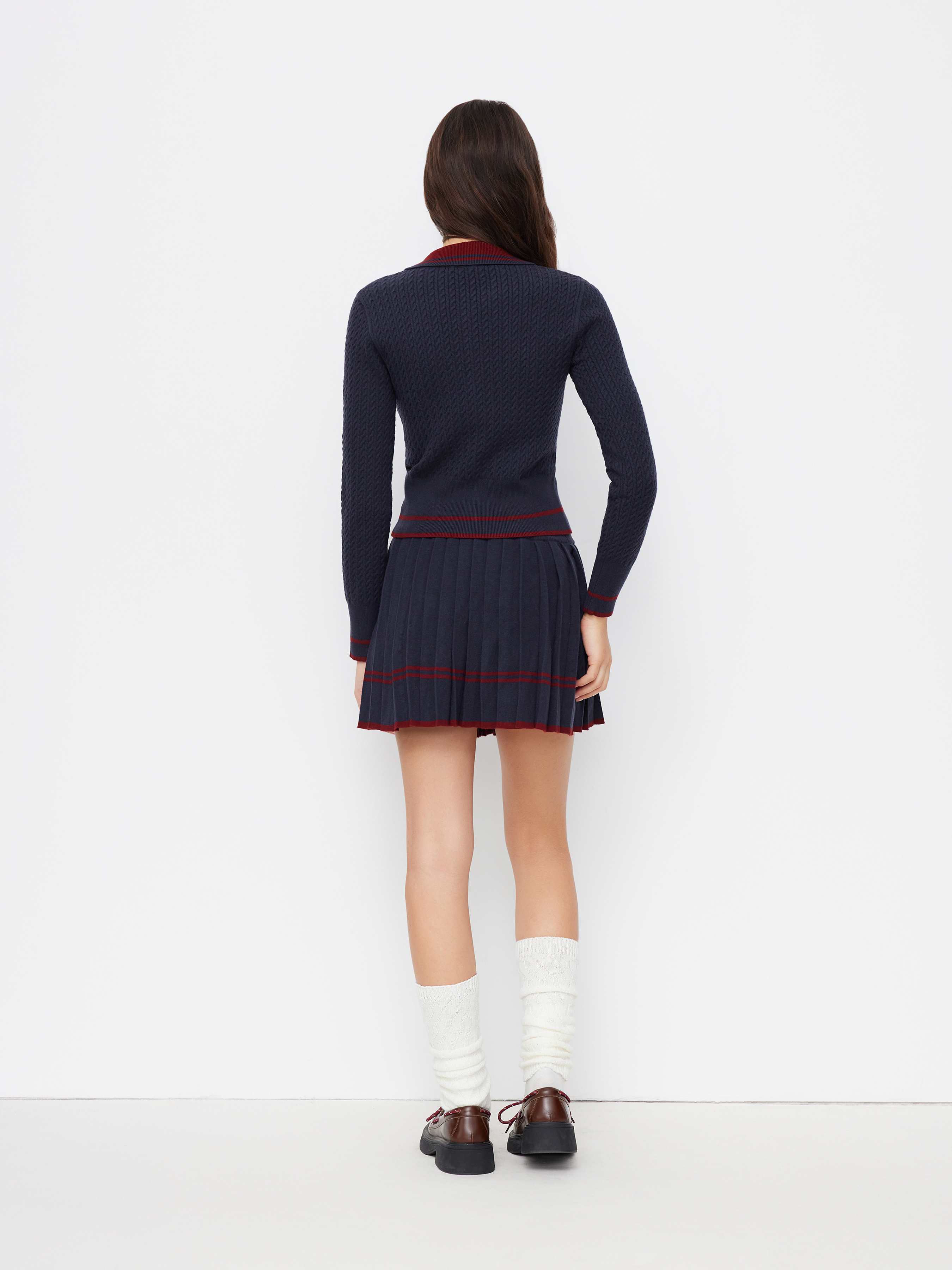 Cable Knit Wool-blend Striped Collar Long Sleeve Button Top