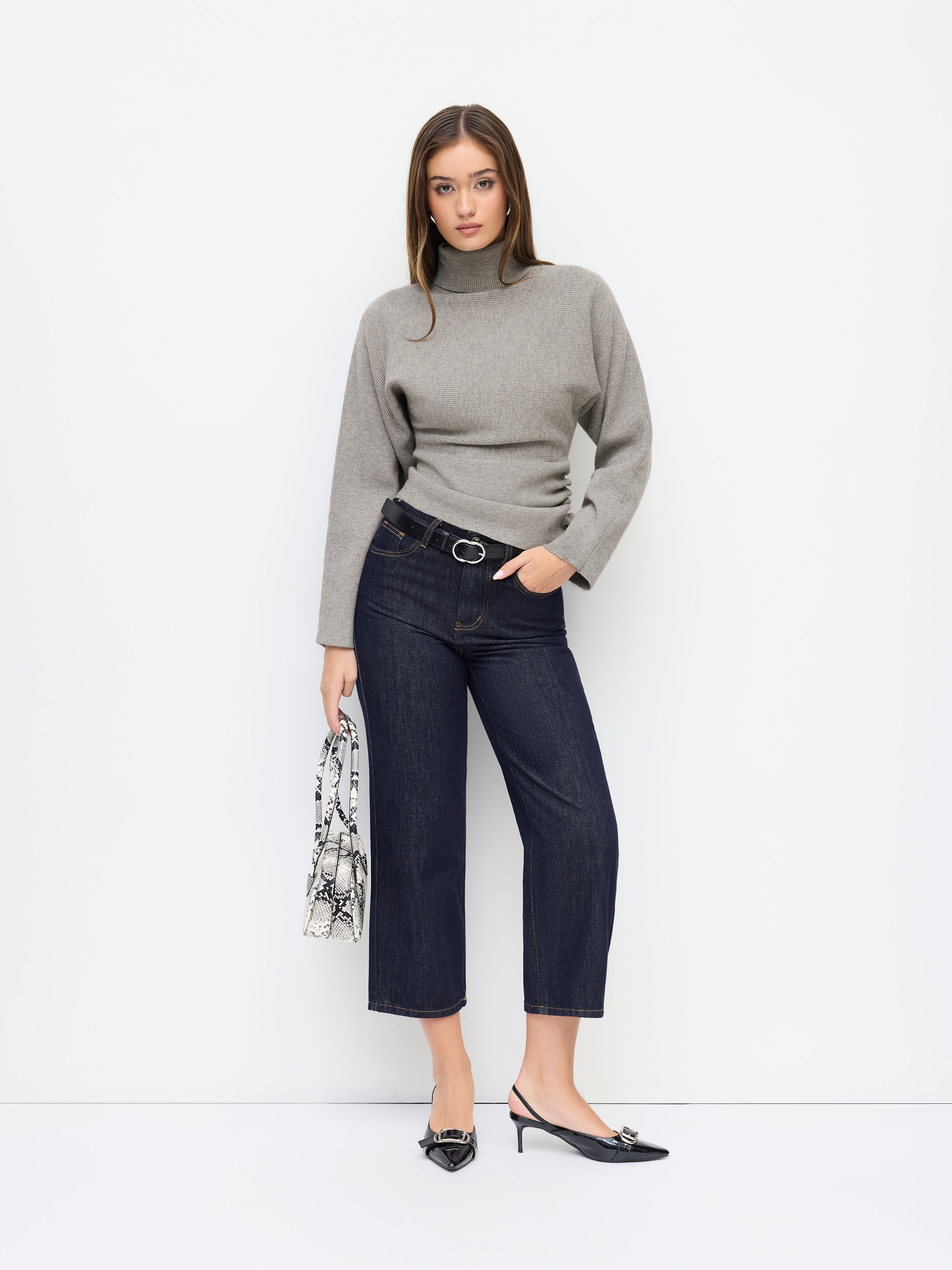 Knit Turtleneck Long Sleeve Button Side Ruched Cinched Waist Top