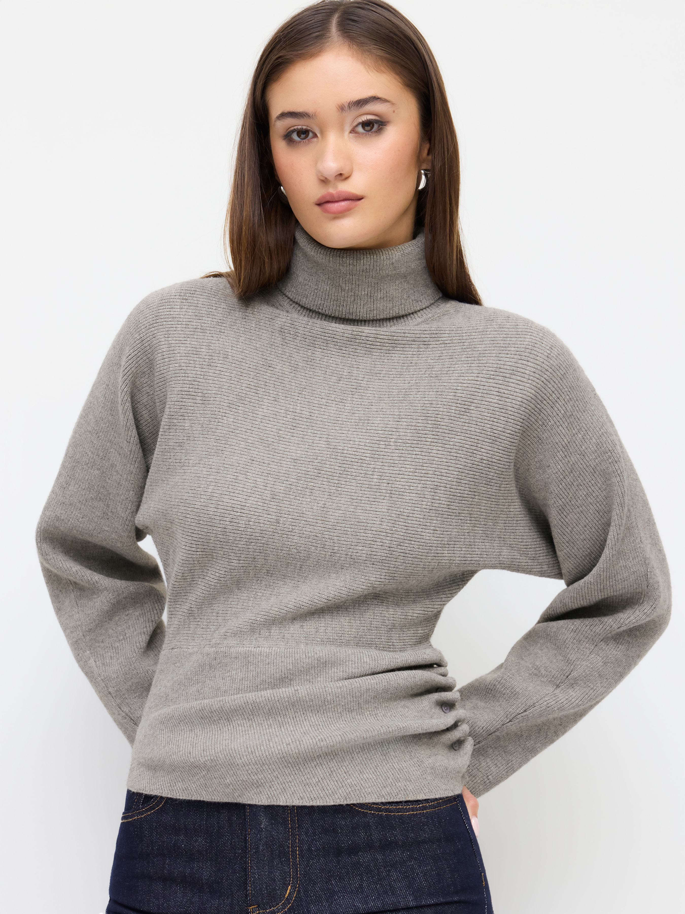 Knit Turtleneck Long Sleeve Button Side Ruched Cinched Waist Top