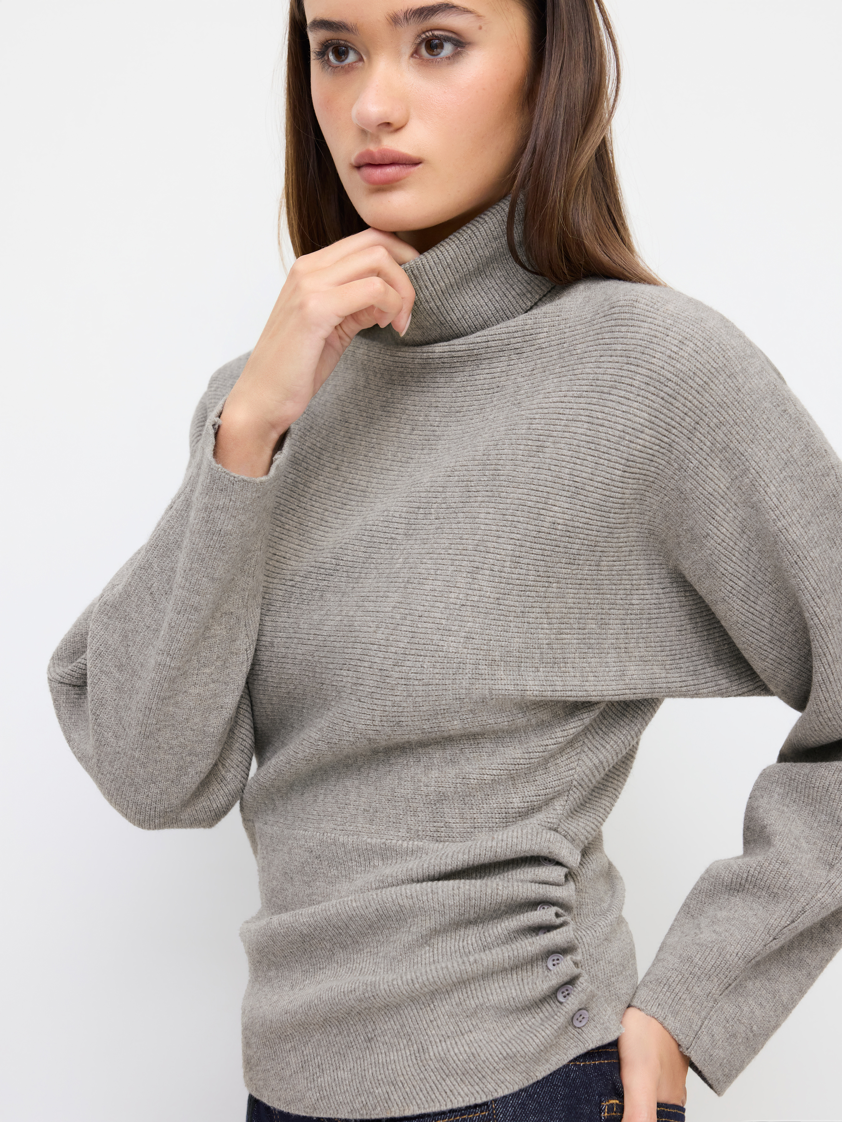 Knit Turtleneck Long Sleeve Button Side Ruched Cinched Waist Top