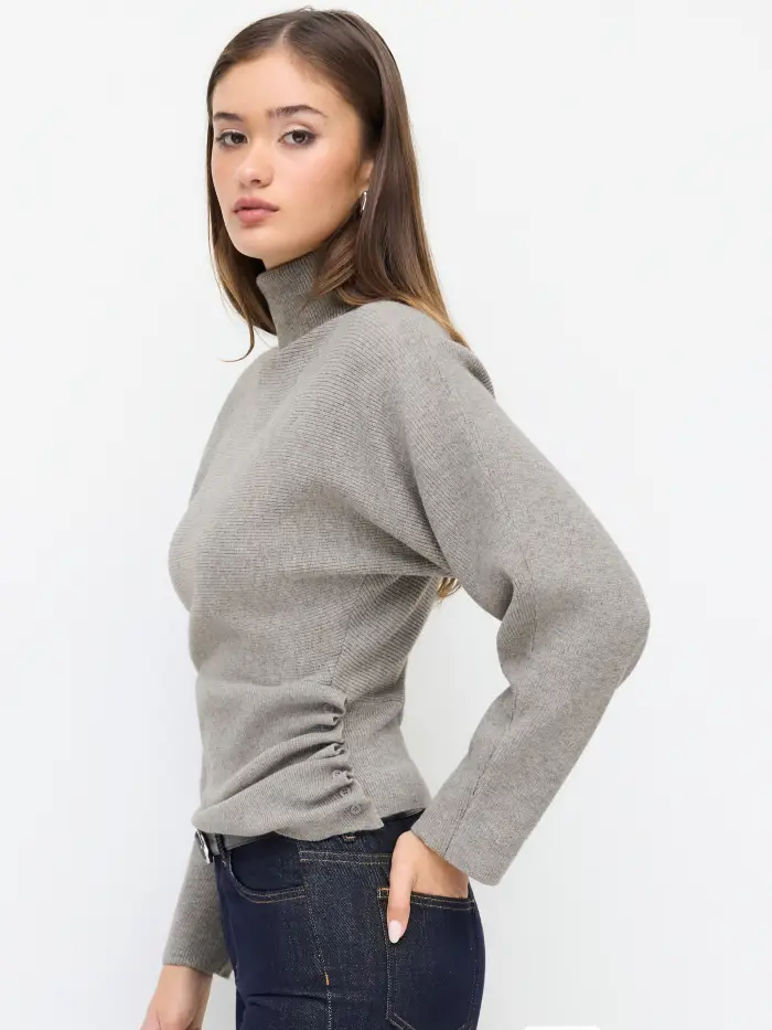 Knit Turtleneck Long Sleeve Button Side Ruched Cinched Waist Top