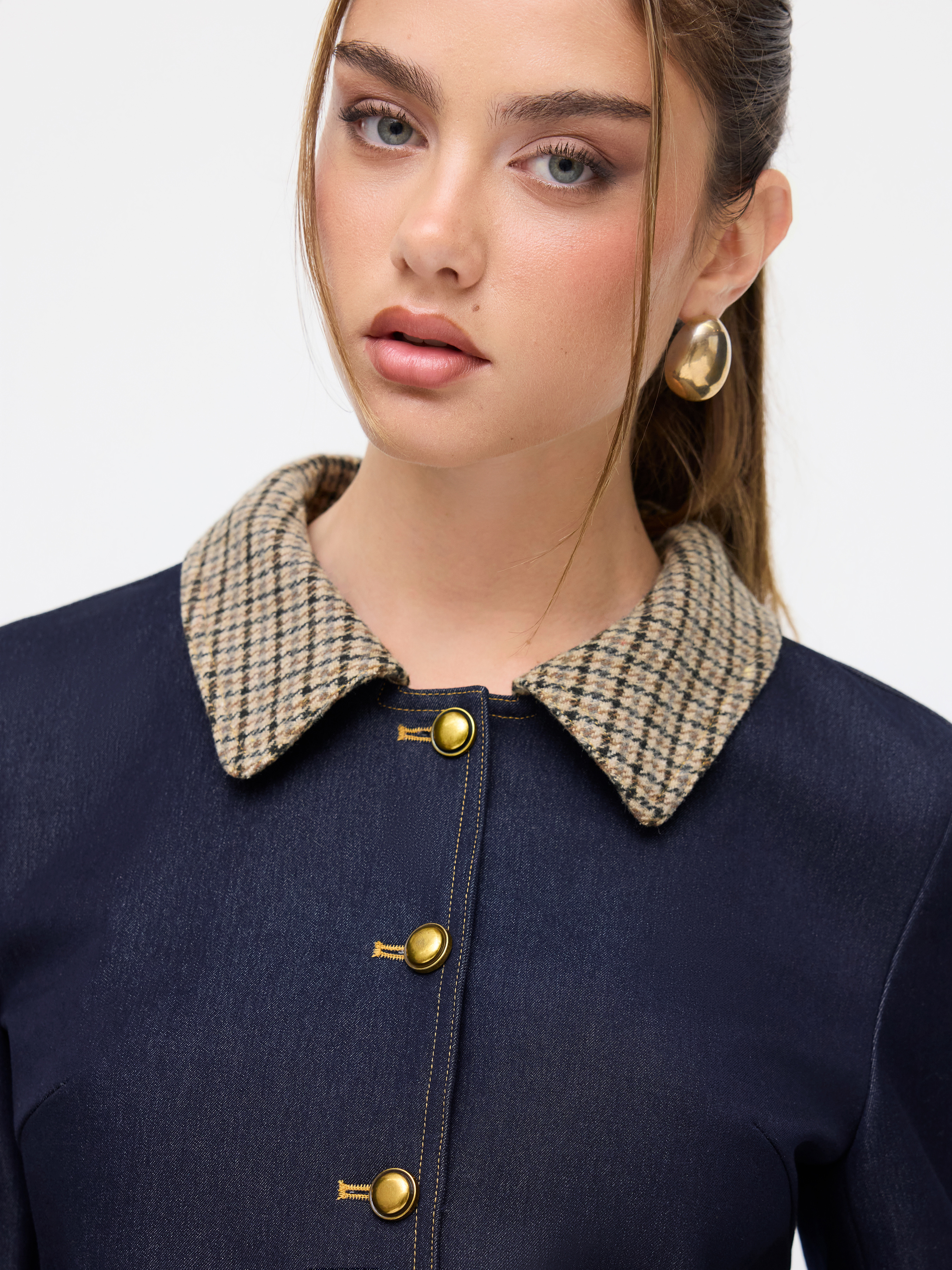 Plaid Collar Two Tone Button Oversized Crop Shacket