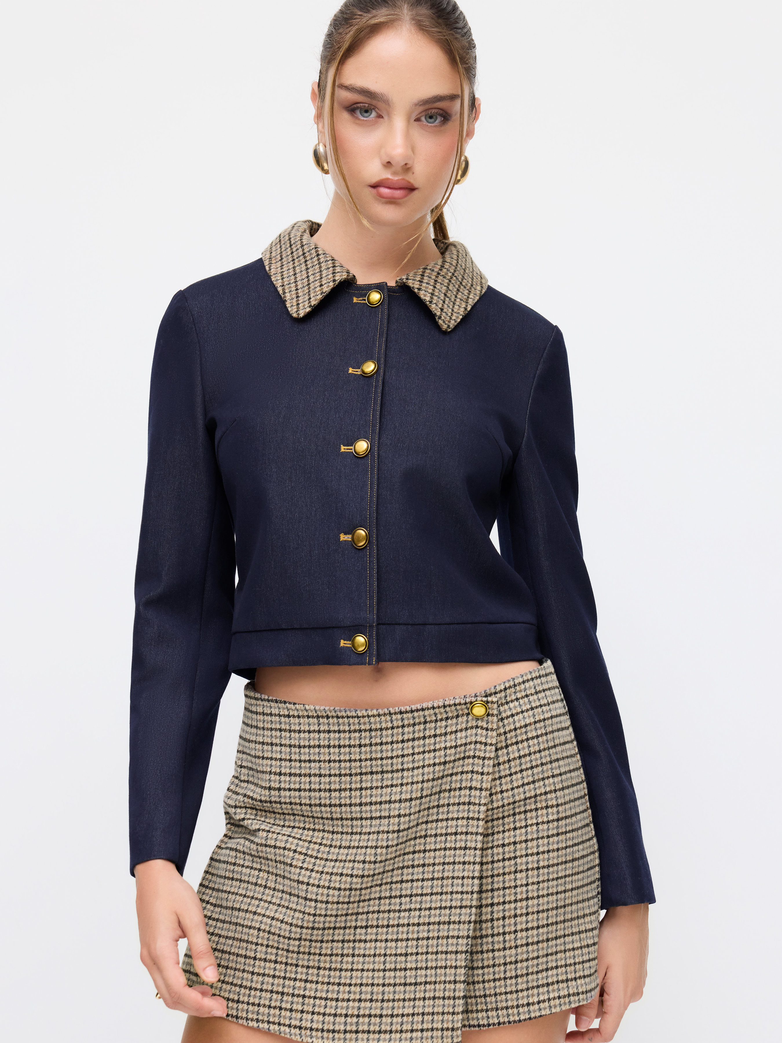 Plaid Collar Two Tone Button Oversized Crop Shacket