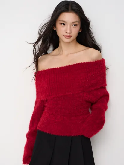 Knit Fabric Faux Fur Collar Long Sleeve Rib Curved Hem Button Top For Daily Casual