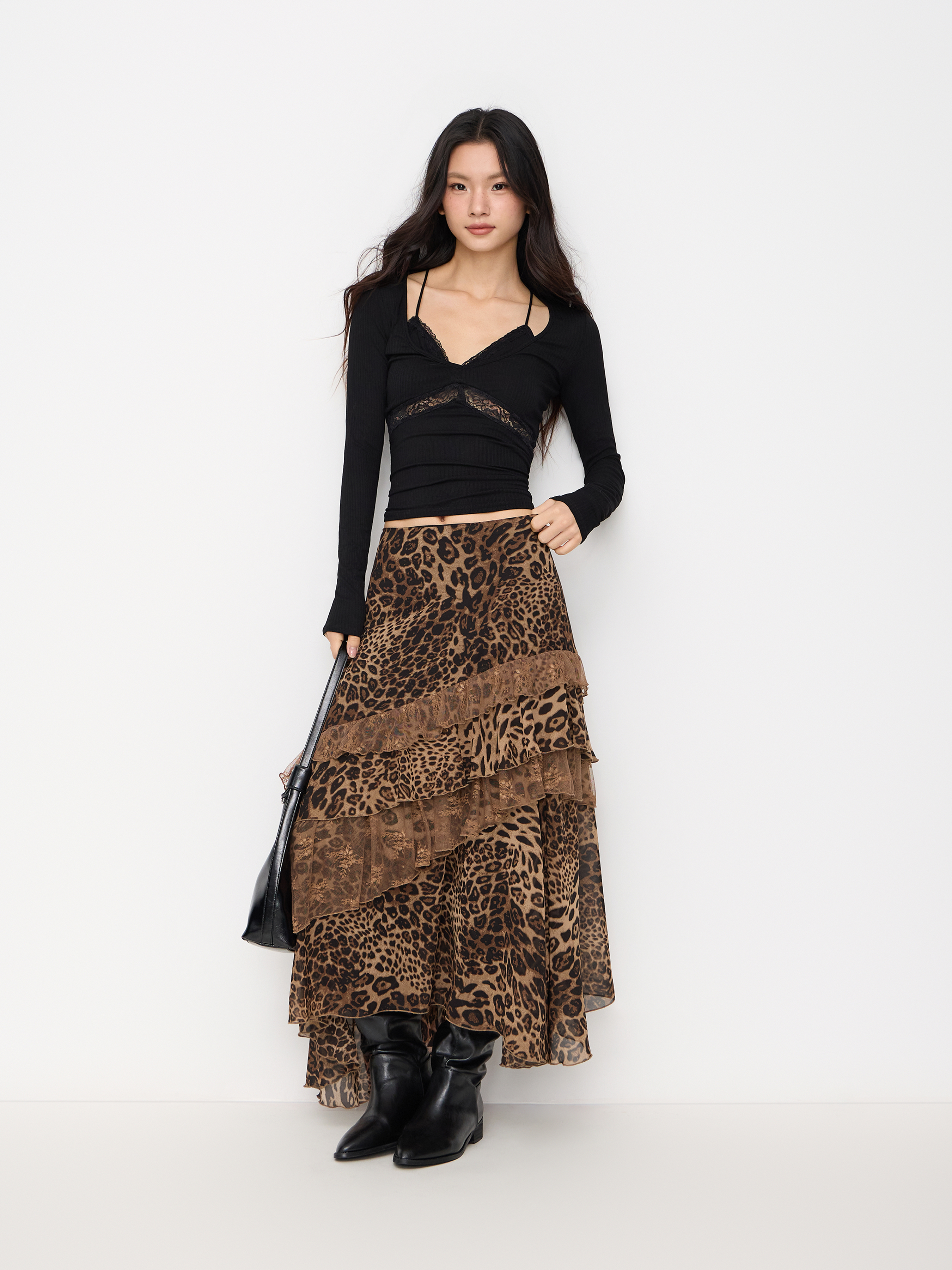 Chiffon High Rise Leopard Print Layered Maxi Skirt