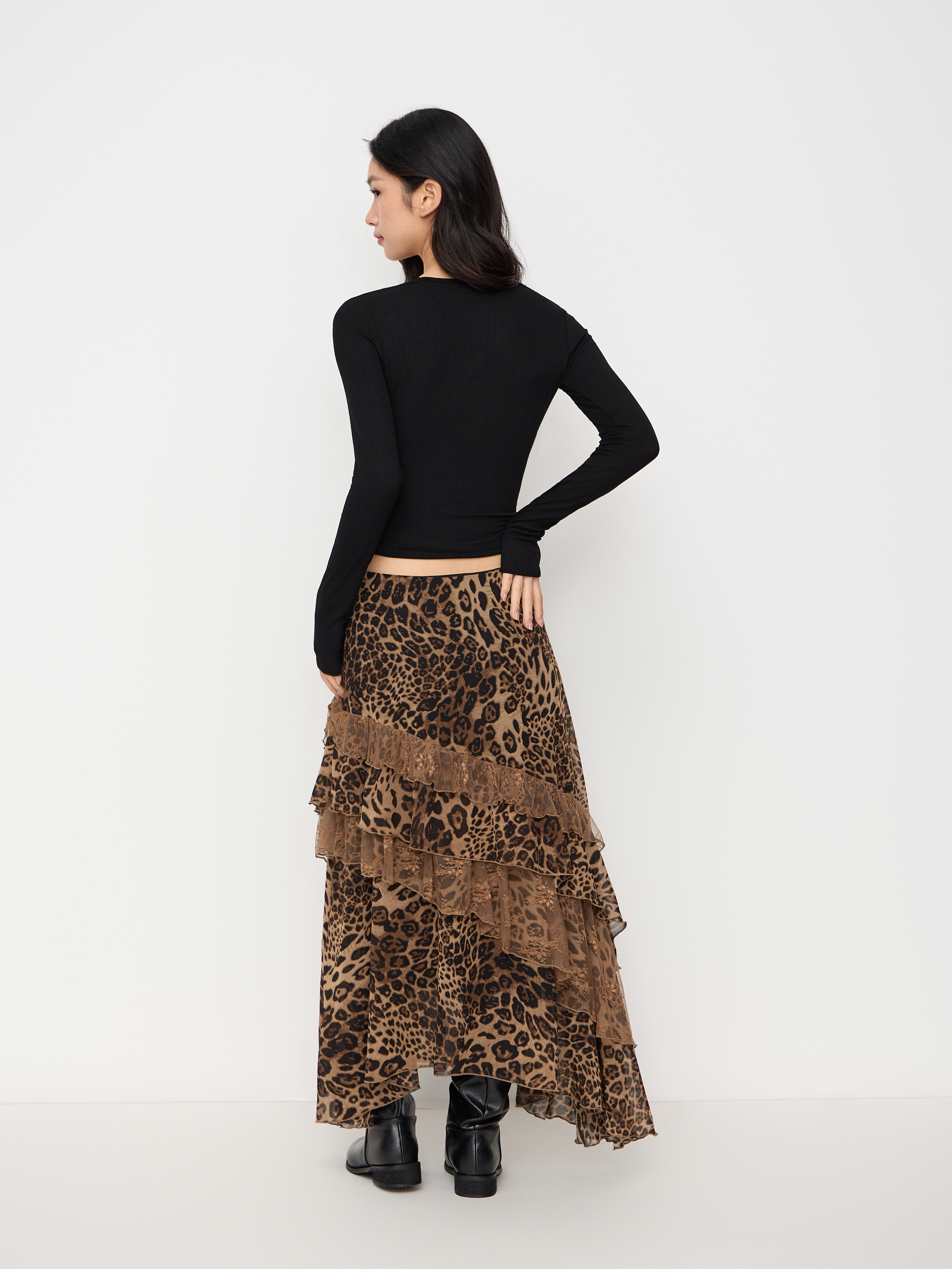 Chiffon High Rise Leopard Print Layered Maxi Skirt