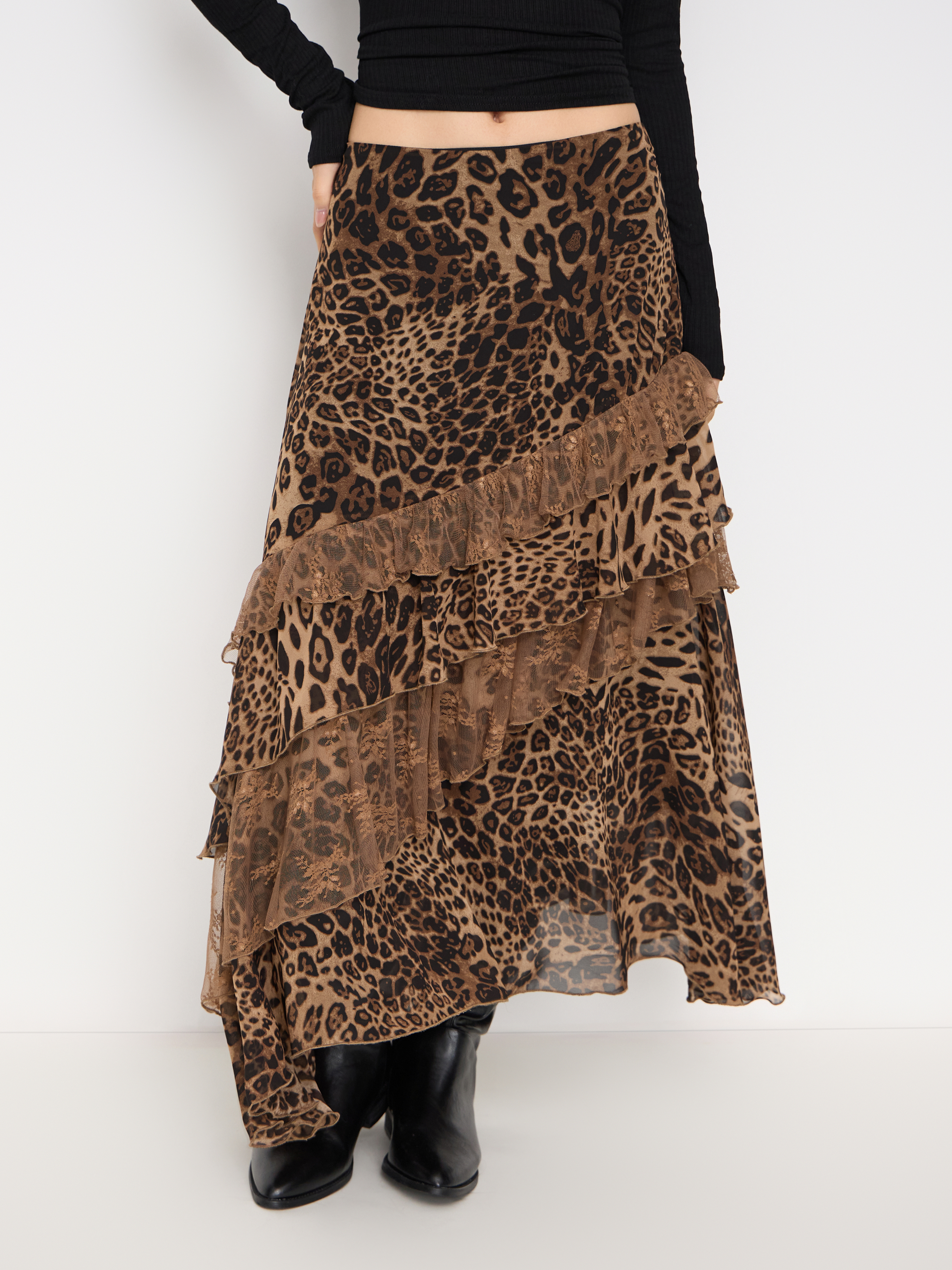 Chiffon High Rise Leopard Print Layered Maxi Skirt