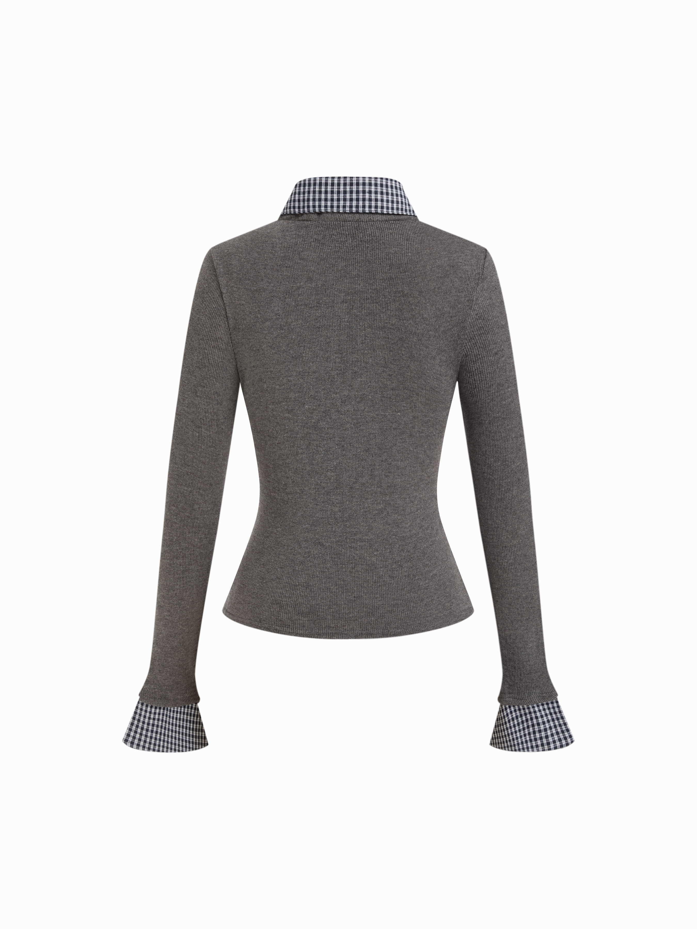 Cotton Plaid Polo Collar Ruched Two Tone Top