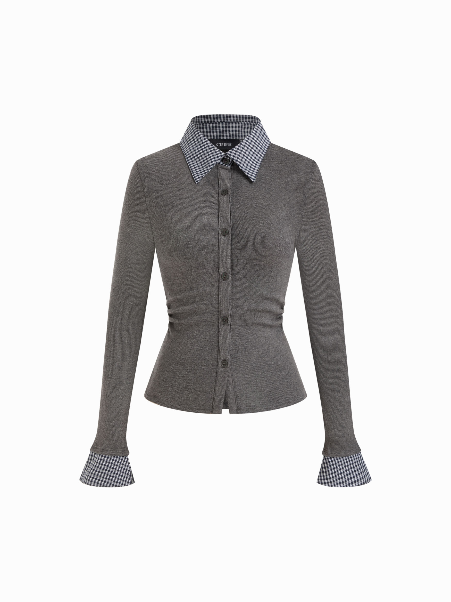 Cotton Plaid Polo Collar Ruched Two Tone Top