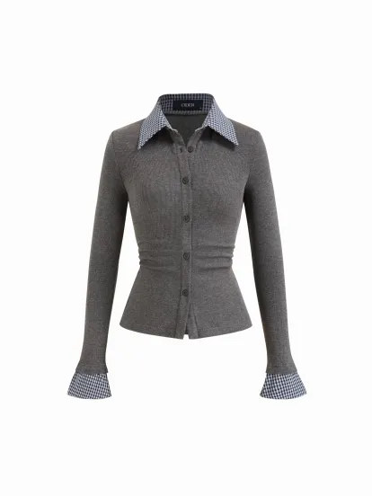 Cotton Plaid Polo Collar Ruched Two Tone Top