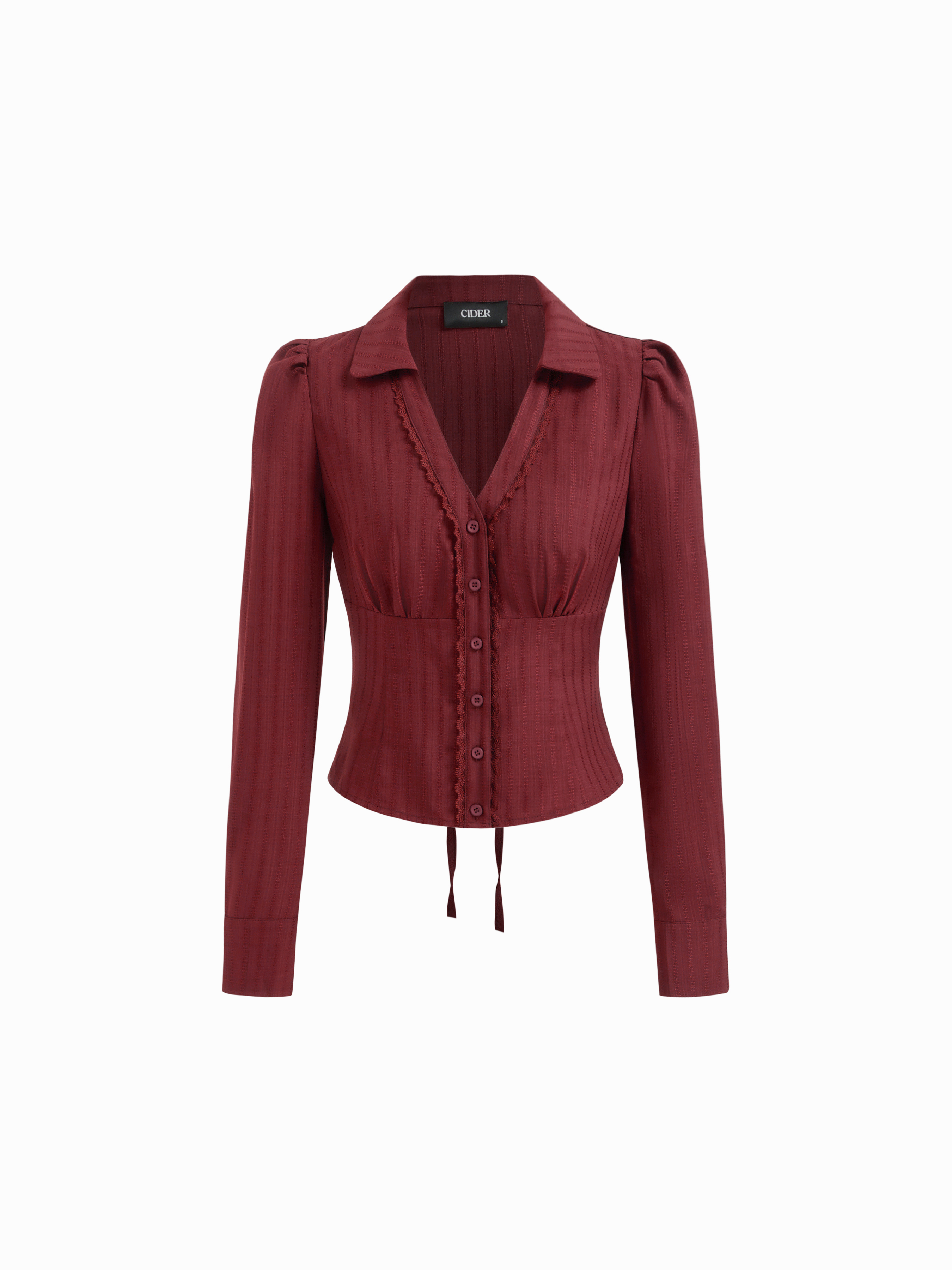 Tissé Striped Collar V-neck Long Sleeve Lace Trim Tie Back Blouse For Décontracté quotidien