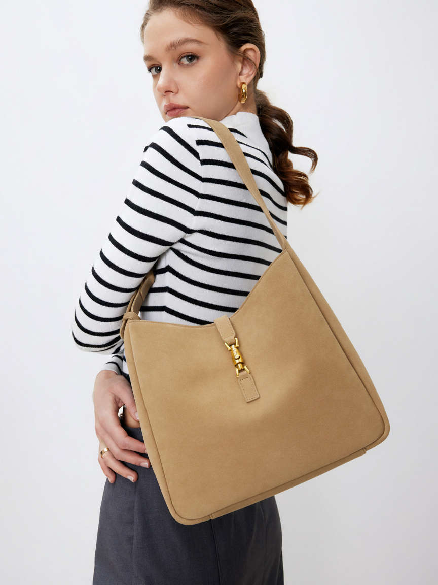 PUSH-LOCK DECOR FAUX LEATHER TOTE BAG