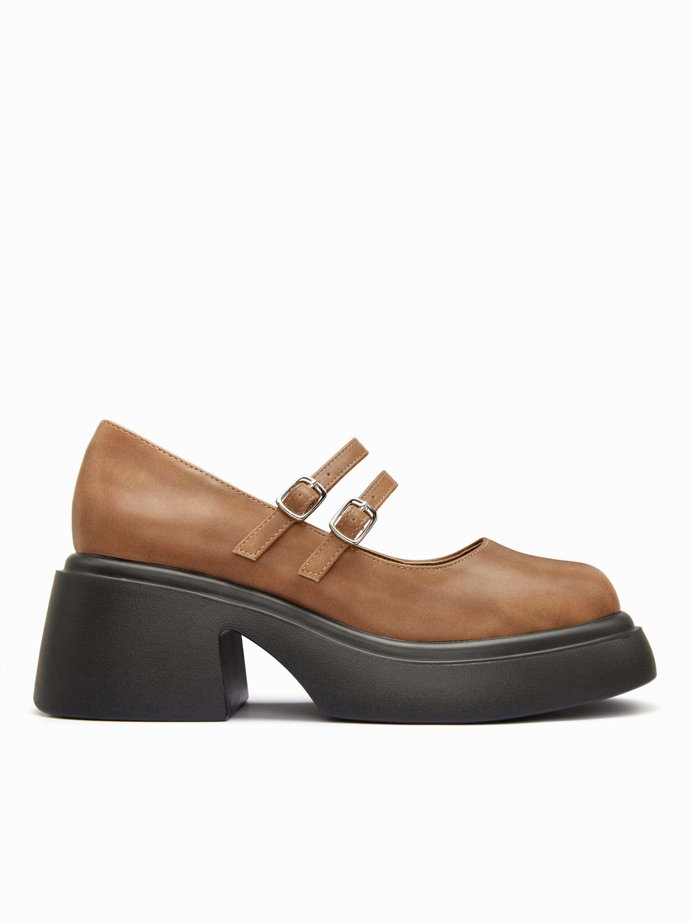 CHUNKY HEELED DOUBLE BUCKLE LOAFERS For Daily Casual Date Coffee Shop