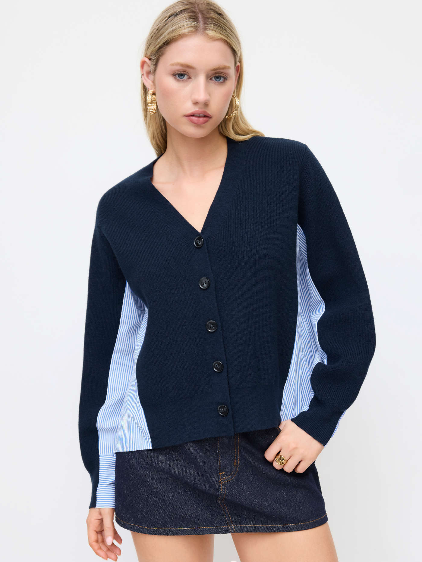 Two Tone Knit V-neck Striped Patched Oversized Cardigan