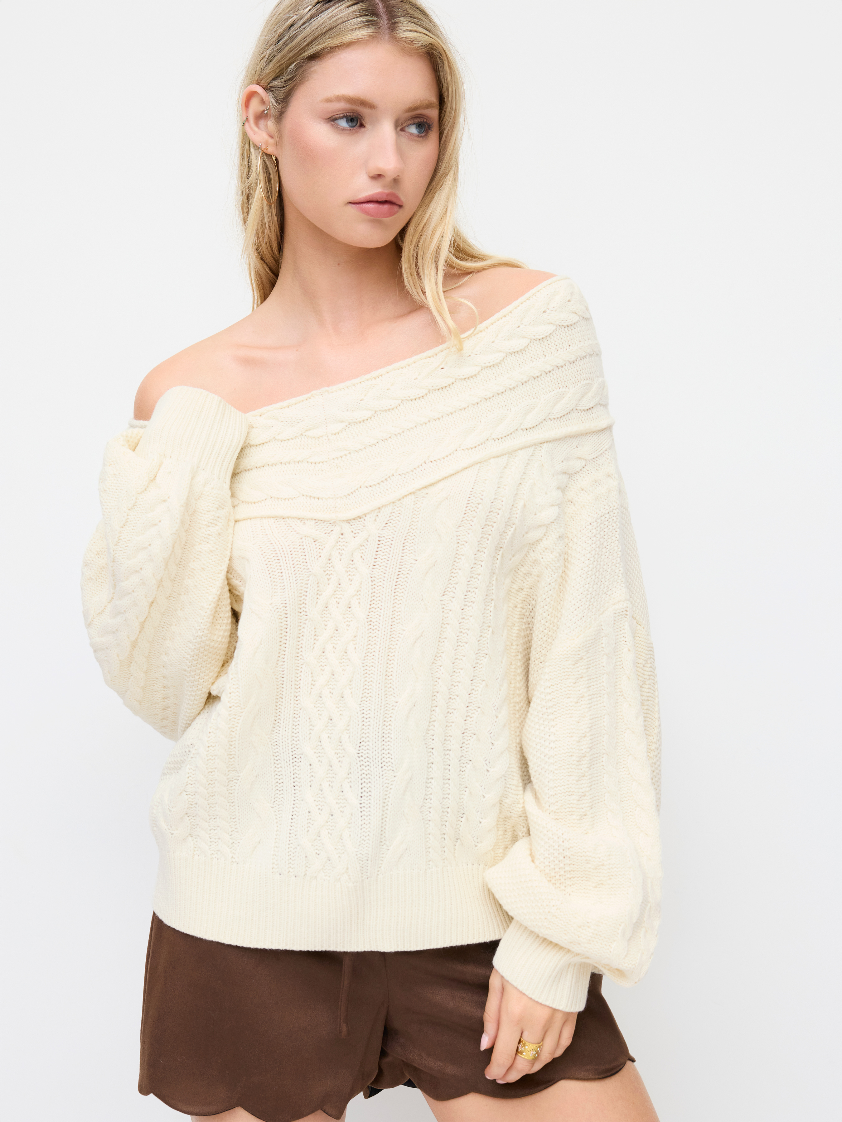 Cable Knit Off-shoulder Lantern Sleeve Oversized Top
