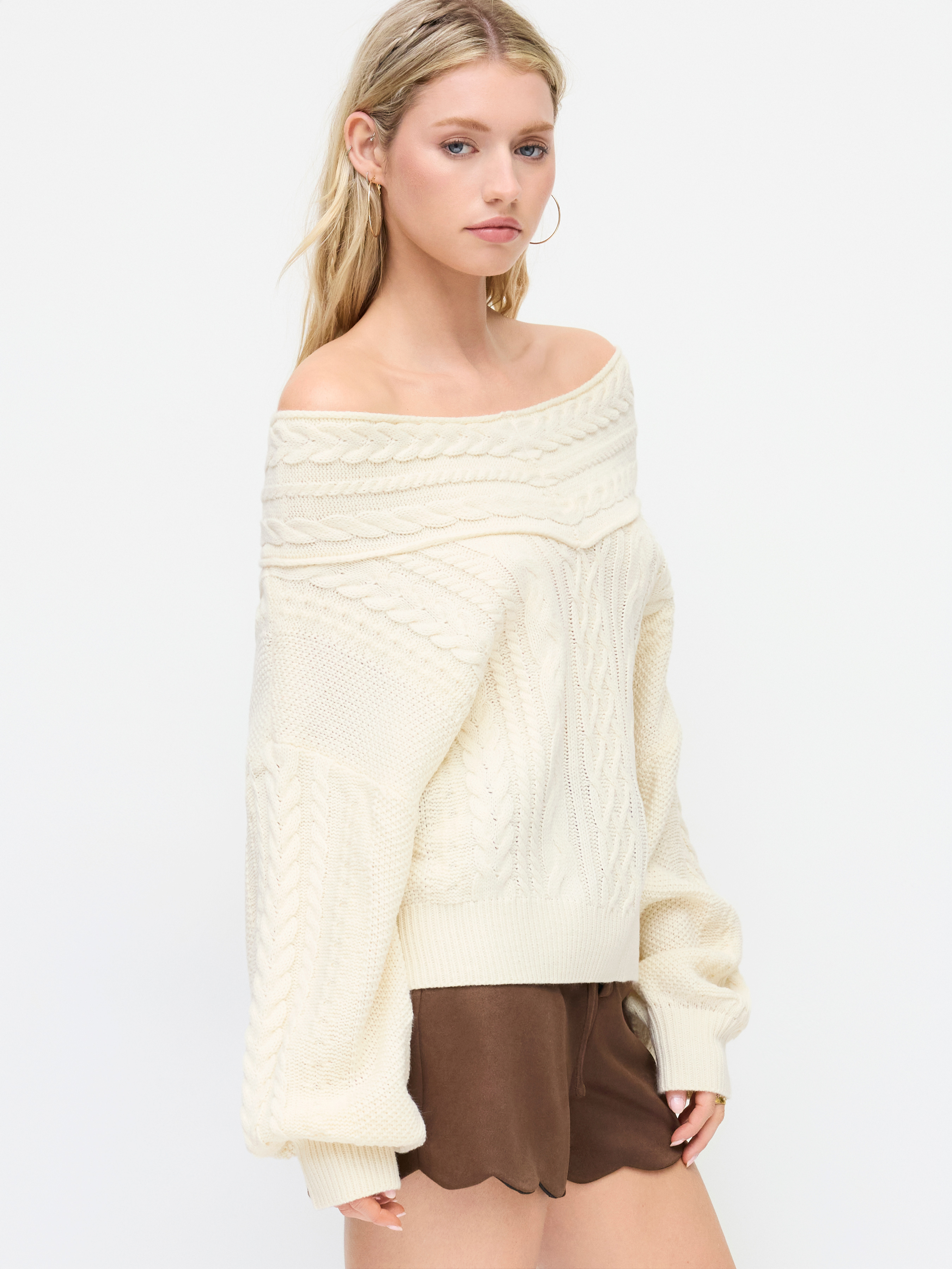 Cable Knit Off-shoulder Lantern Sleeve Oversized Top