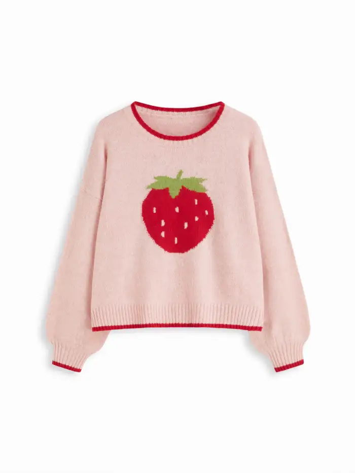 Knit Strawberry Pattern Contrasting Binding Round Neckline Long Sleeve Oversized Top Curve & Plus