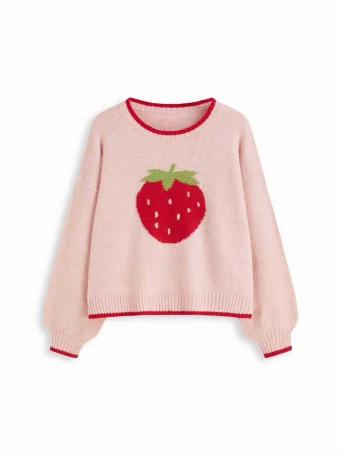 Knit Strawberry Pattern Contrasting Binding Round Neckline Long Sleeve Oversized Top Curve & Plus