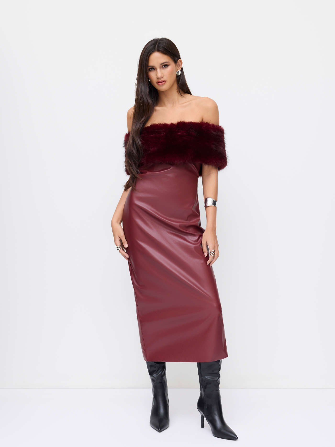 Faux Leather Faux Leather Bandeau Ruched Split Maxi Bobycon Dress With Faux Fur Shrug For Daily Casual Party/Clubbing