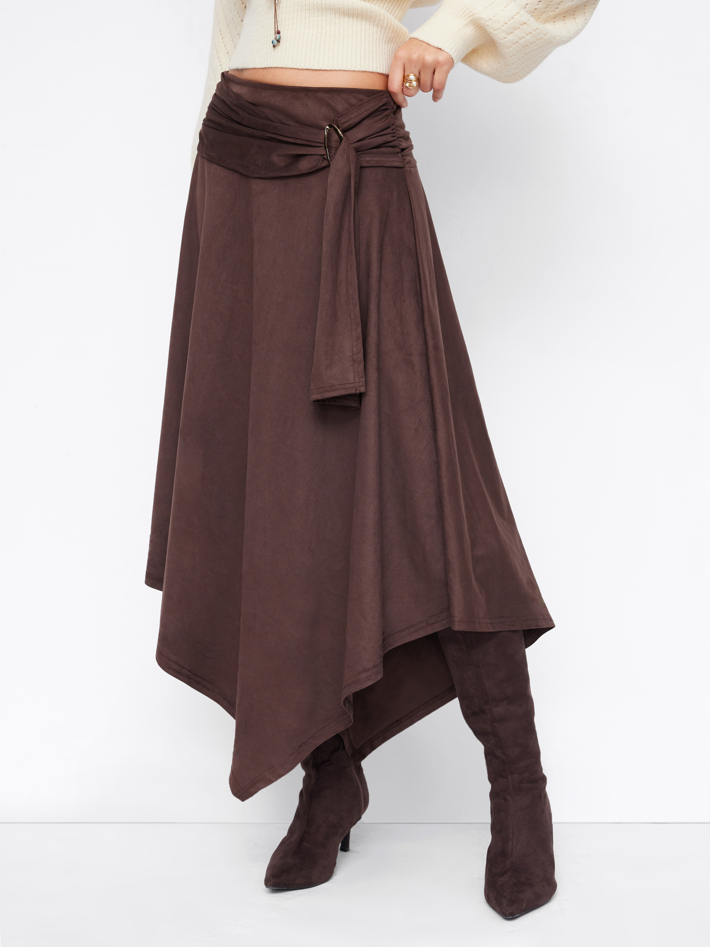 Suede Mid Rise Metal Buckle Draped Ruched Asymmetrical Hem Maxi Skirt