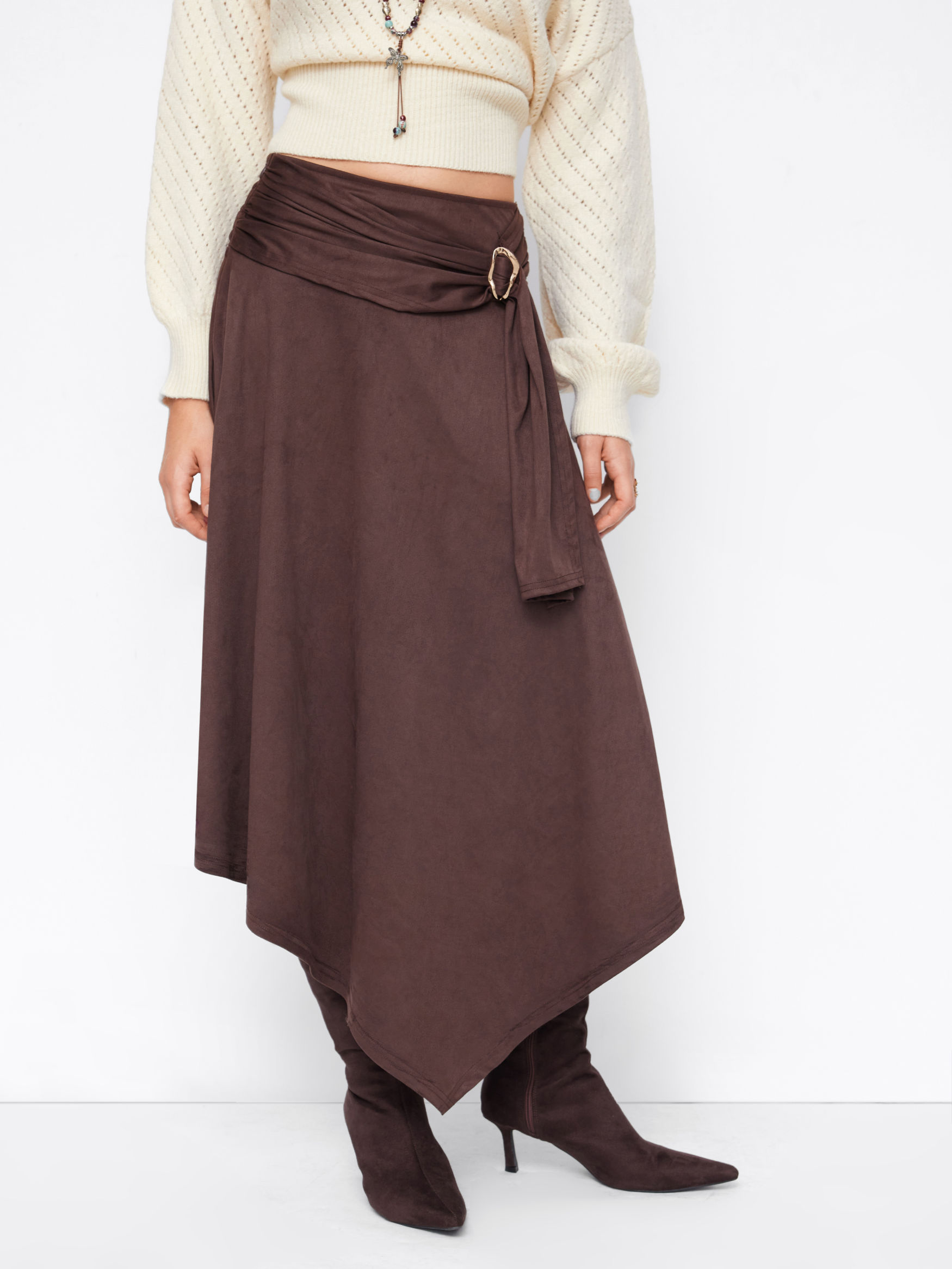 Suede Mid Rise Metal Buckle Draped Ruched Asymmetrical Hem Maxi Skirt