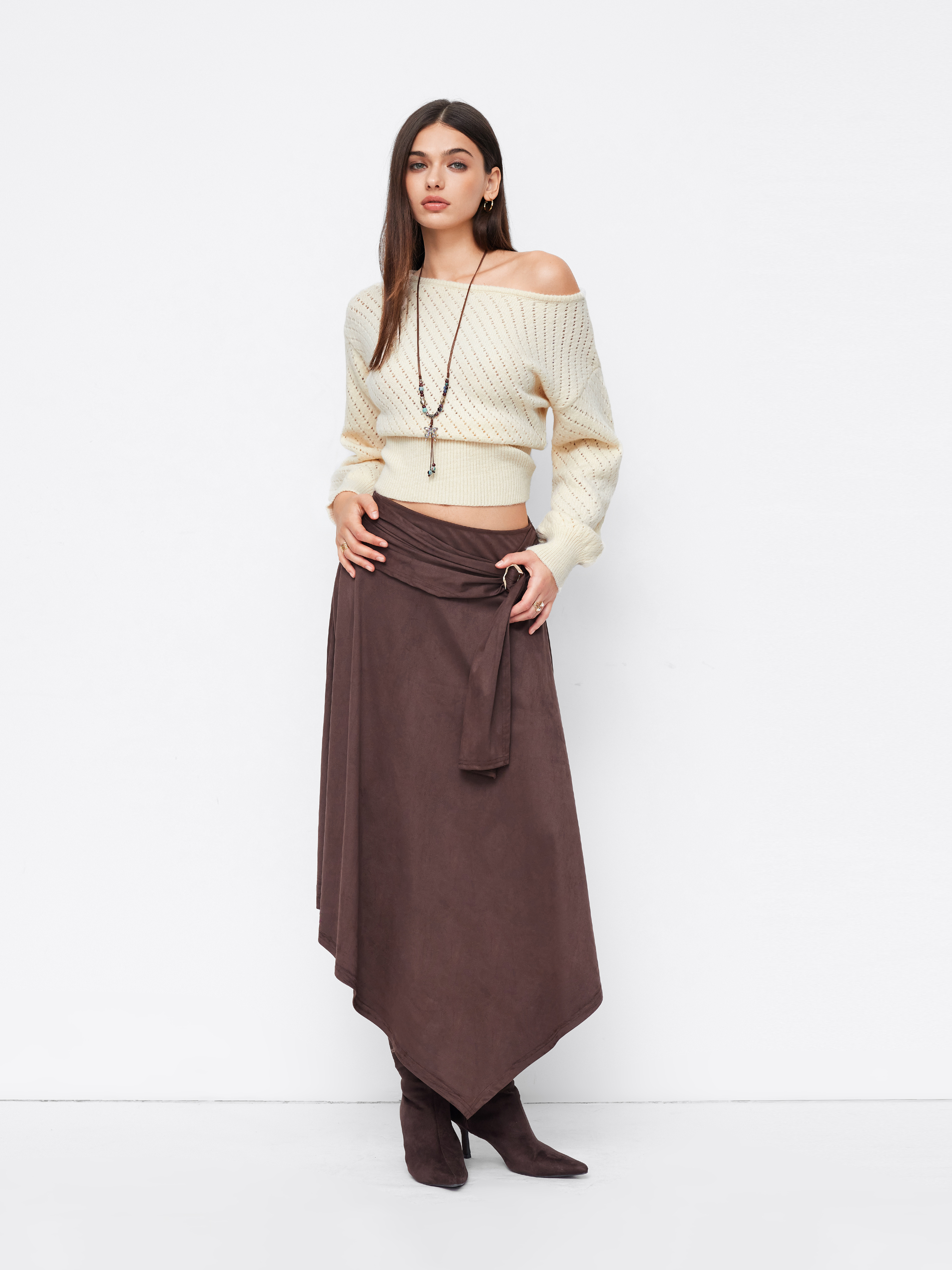 Suede Mid Rise Metal Buckle Draped Ruched Asymmetrical Hem Maxi Skirt