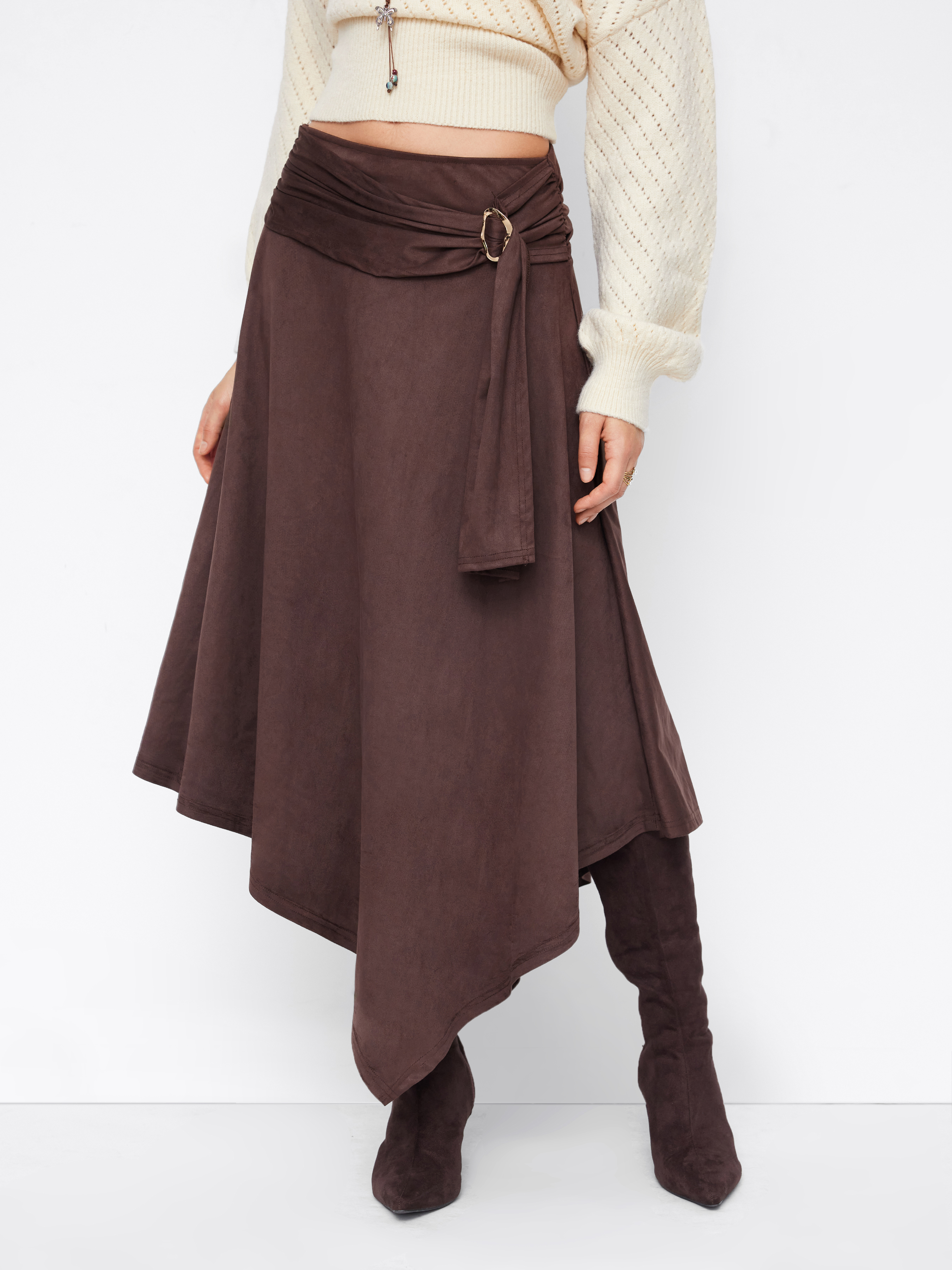 Suede Mid Rise Metal Buckle Draped Ruched Asymmetrical Hem Maxi Skirt
