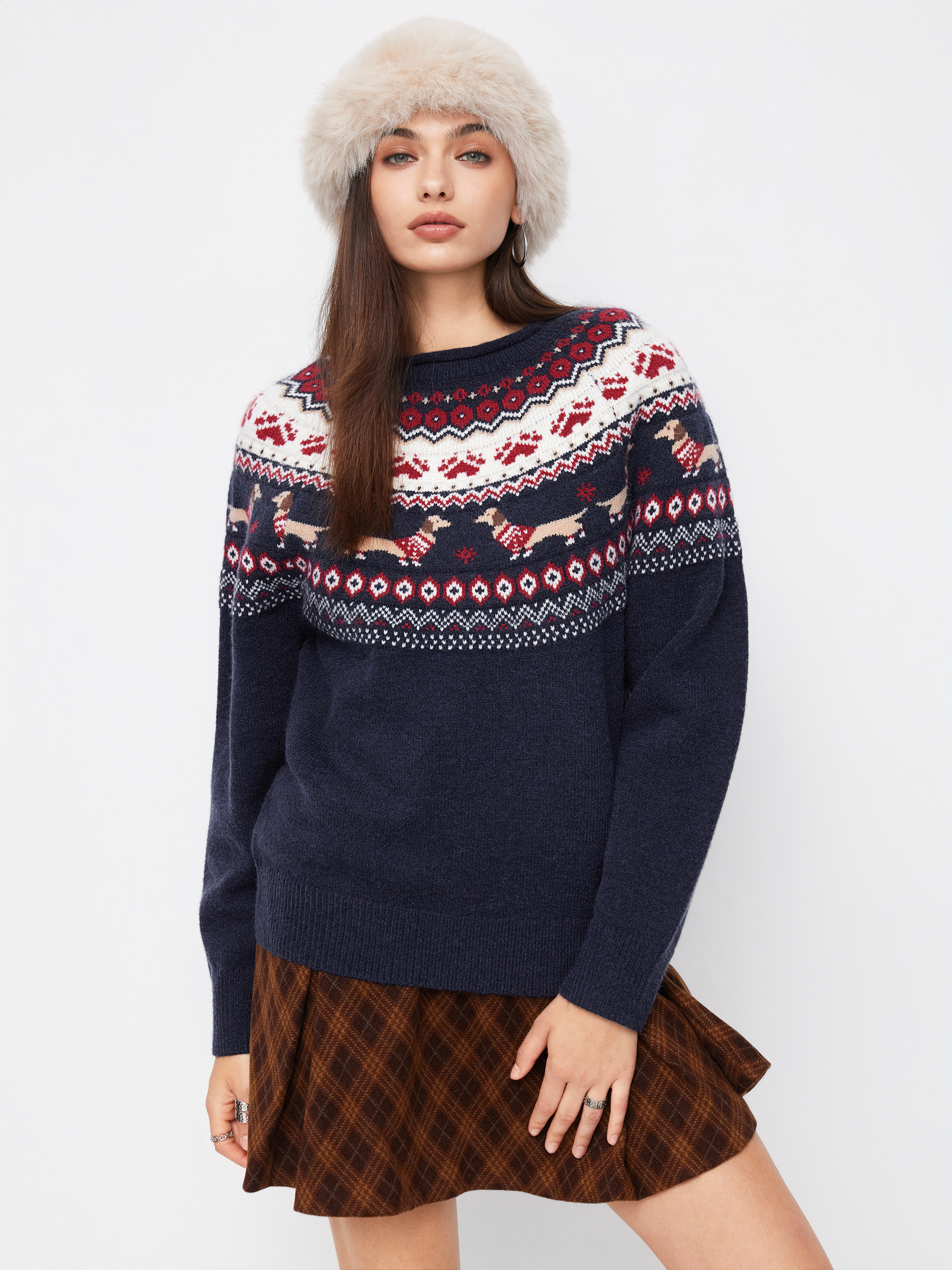 Knit Fabric Swan Pattern Oversized Sweater For School Work