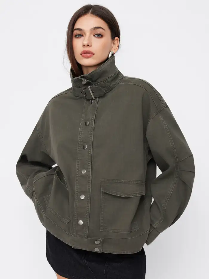 Denim Two Way Denim Funnel Neck Belted Pleated Oversized Jacket 