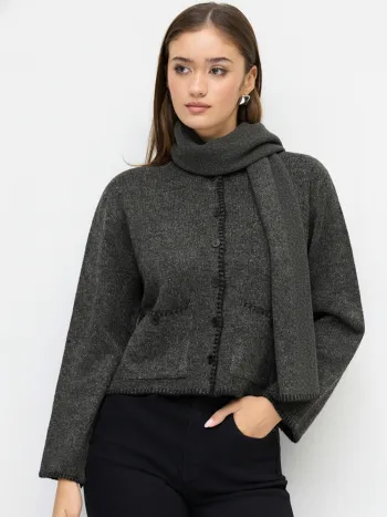 Knit Round Neckline Long Sleeve Contrasting Binding Button Cardigan With Scarf