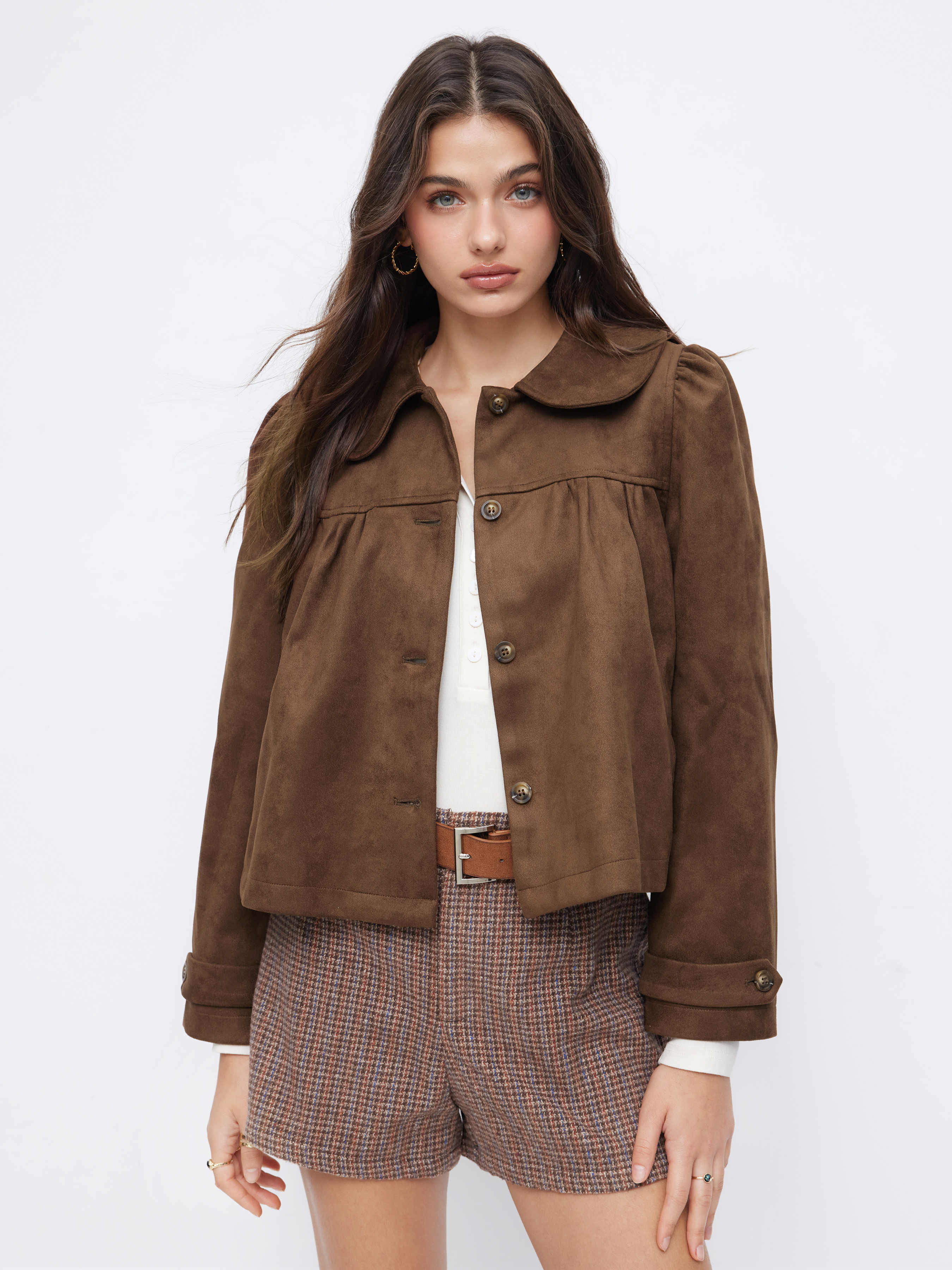 Suede Peter Pan Collar Ruched Jacket