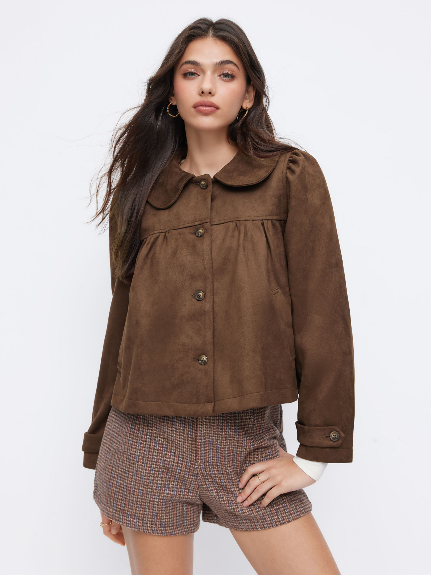 Suede Peter Pan Collar Ruched Jacket