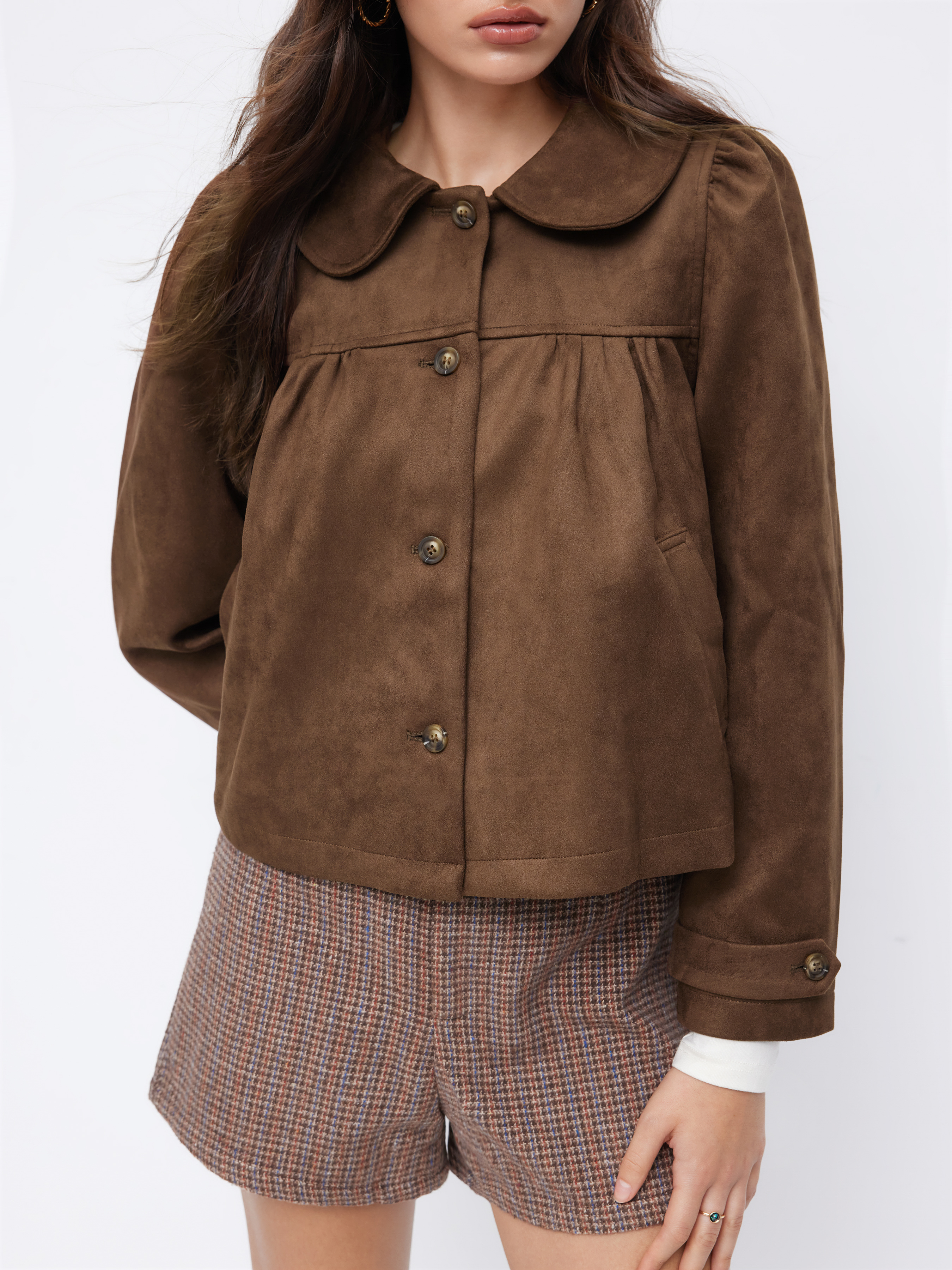 Suede Peter Pan Collar Ruched Jacket