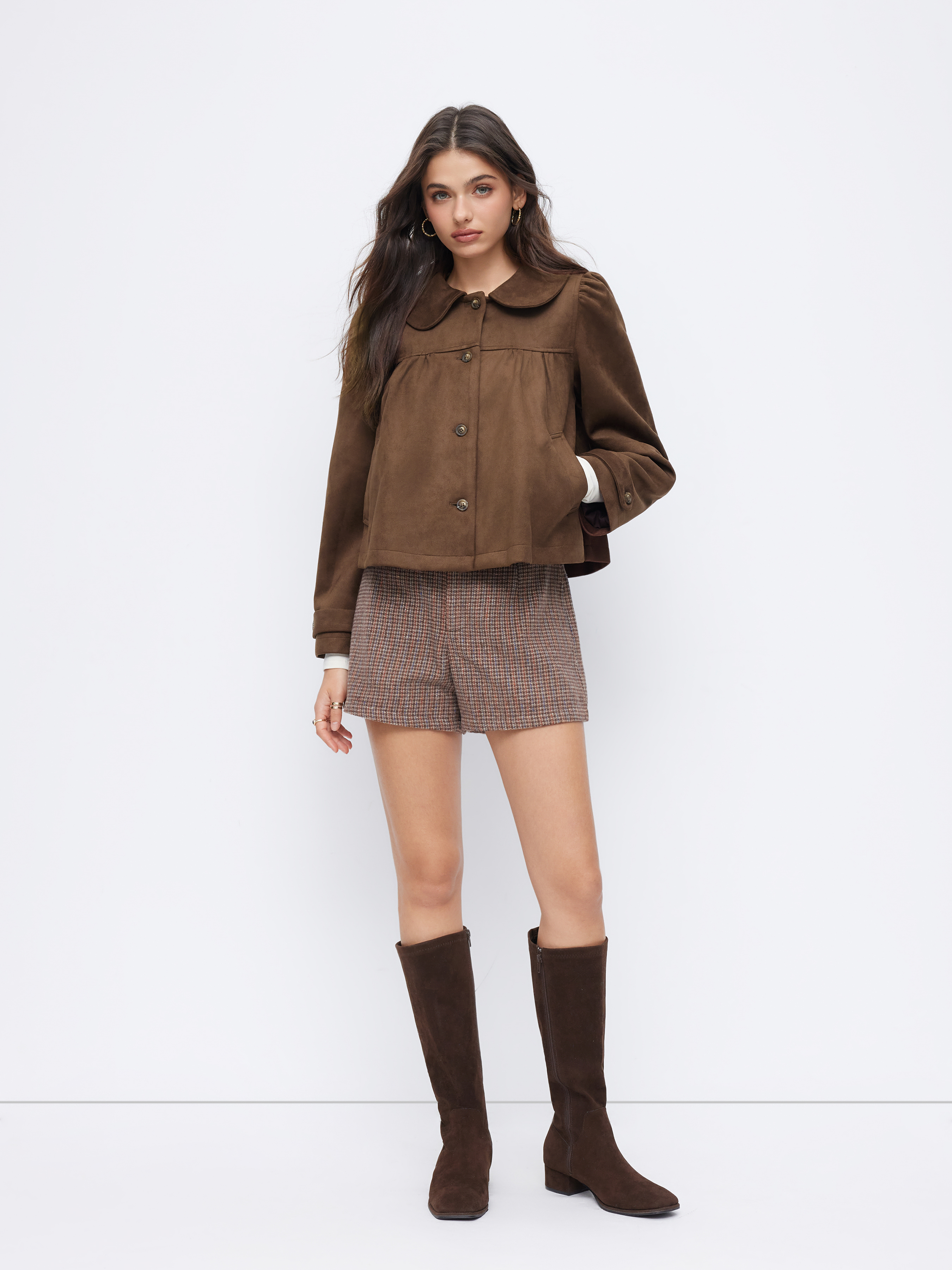 Suede Peter Pan Collar Ruched Jacket